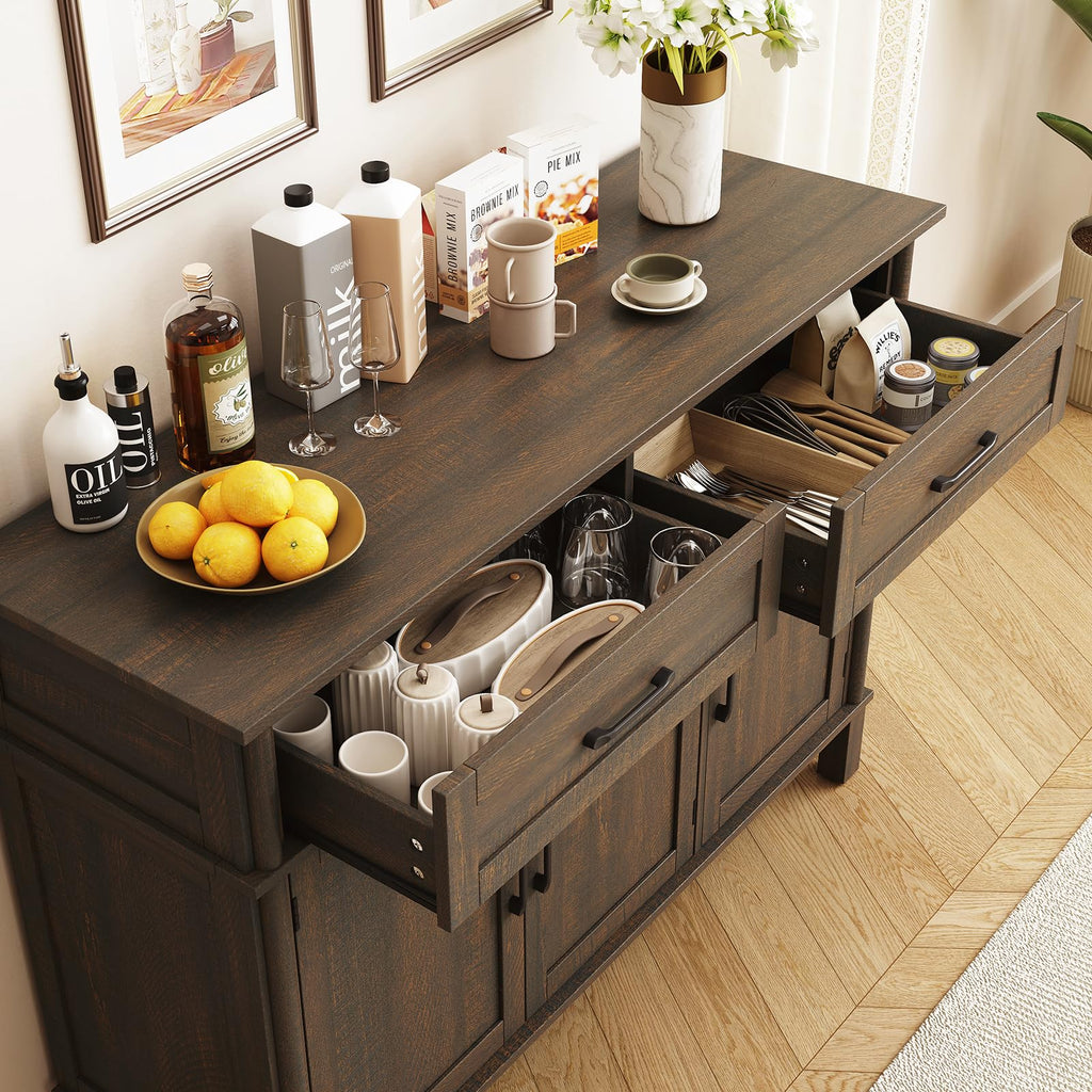 ONBRILL 48 Inches Buffet Cabinet with Storage, Farmhouse Sideboard Buffet w/2 Drawers and 3 Doors, Wood Coffee Bar Cabinet with Adjustable Shelves, Sideboard Storage for Kitchen, Living Room, Black