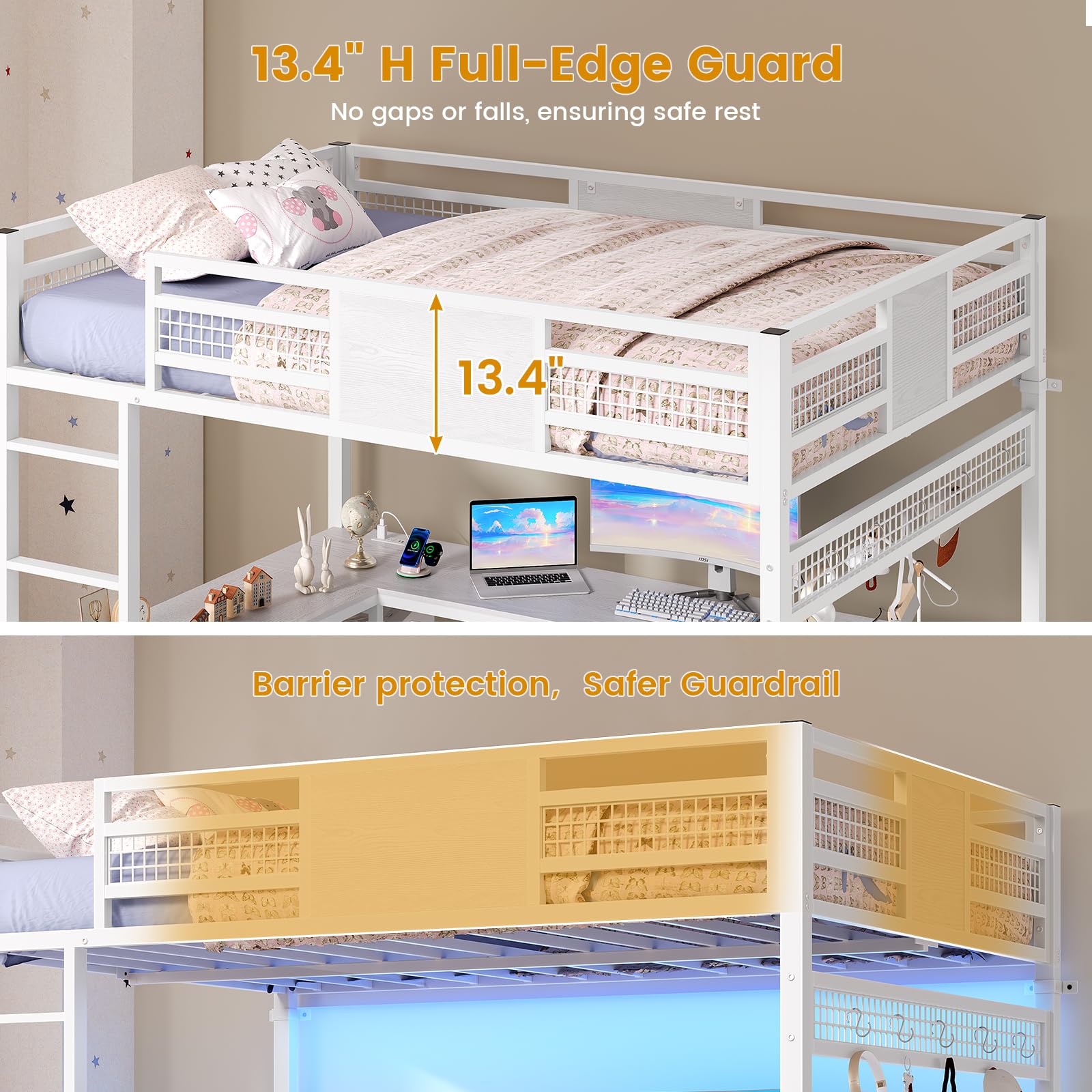 ADORNEVE Loft Bed Full Size with L-Shaped Desk, 3 Storage Drawers, Power Outlet, 3 Storage Shelves, Metal Loft Bed Frame with RGB Lights, Bed with Safety Guardrail & Ladders,Space-Saving, Grey