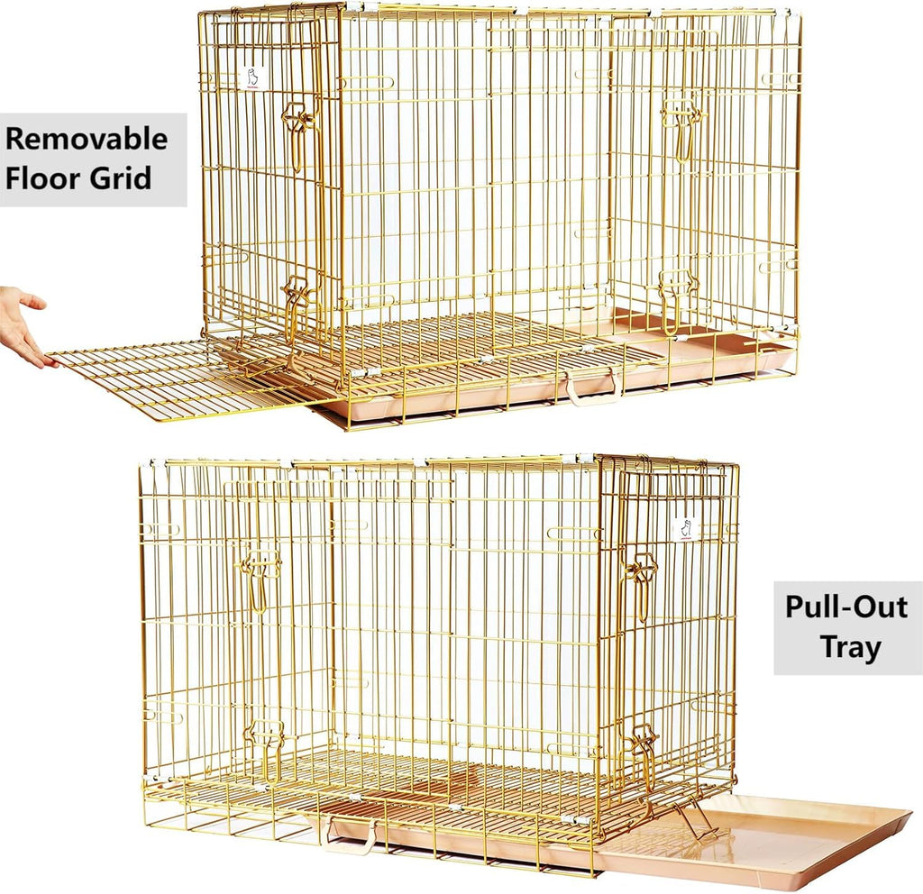 HOMEY PET 24" Gold Color Folding Design Dog Crate Puppy Ertra Small Breed Dog Kennels with Removable Floor Grid and Pull Out Tray, Dog Cage Copper Gold Finish