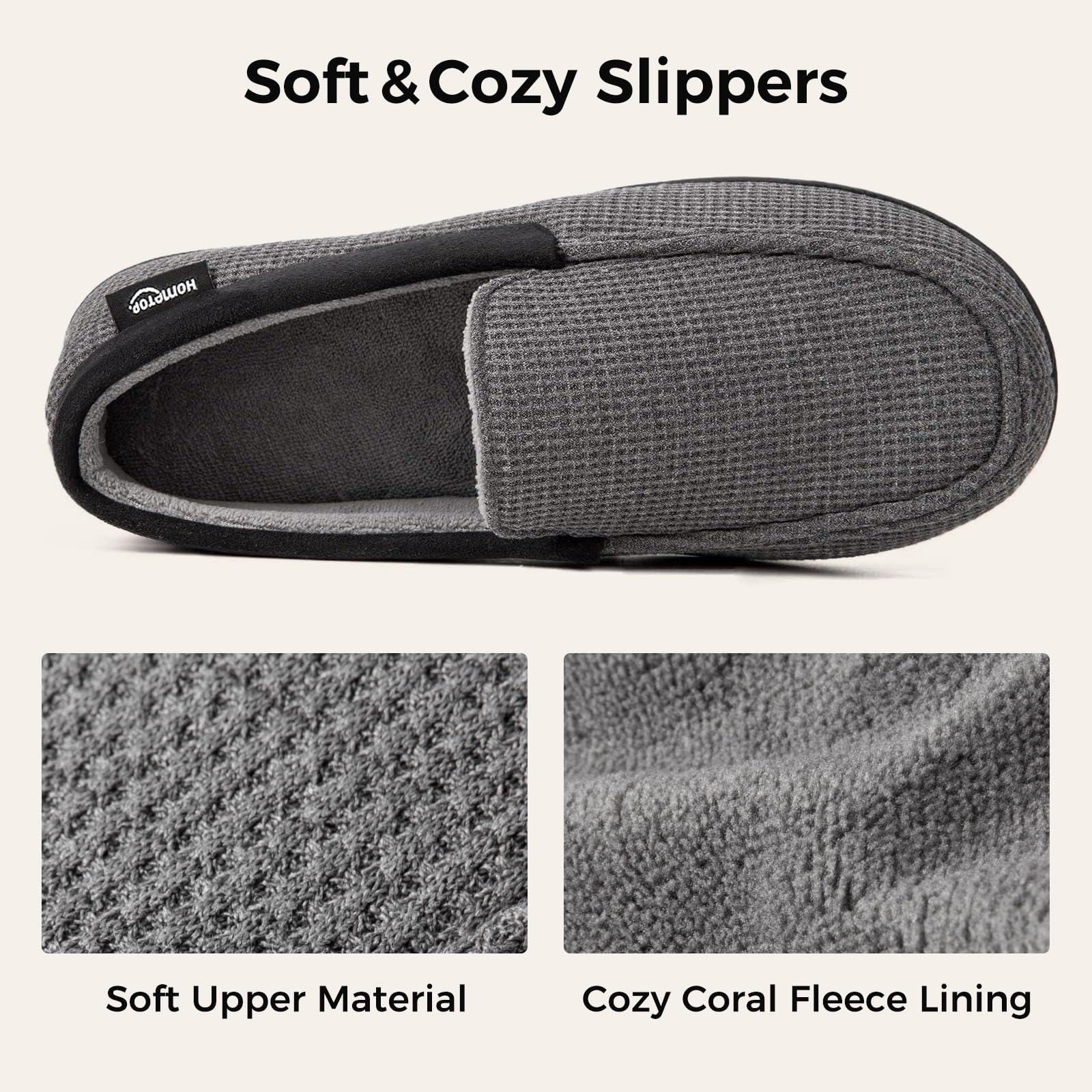 HomeTop Men's Comfort Memory Foam Moccasin Slippers, Breathable Cotton Knit Terry Cloth House Shoes for Indoor Outdoor