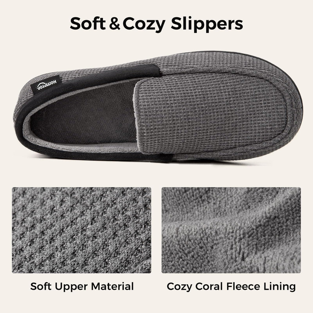 HomeTop Men's Comfort Memory Foam Moccasin Slippers, Breathable Cotton Knit Terry Cloth House Shoes for Indoor Outdoor