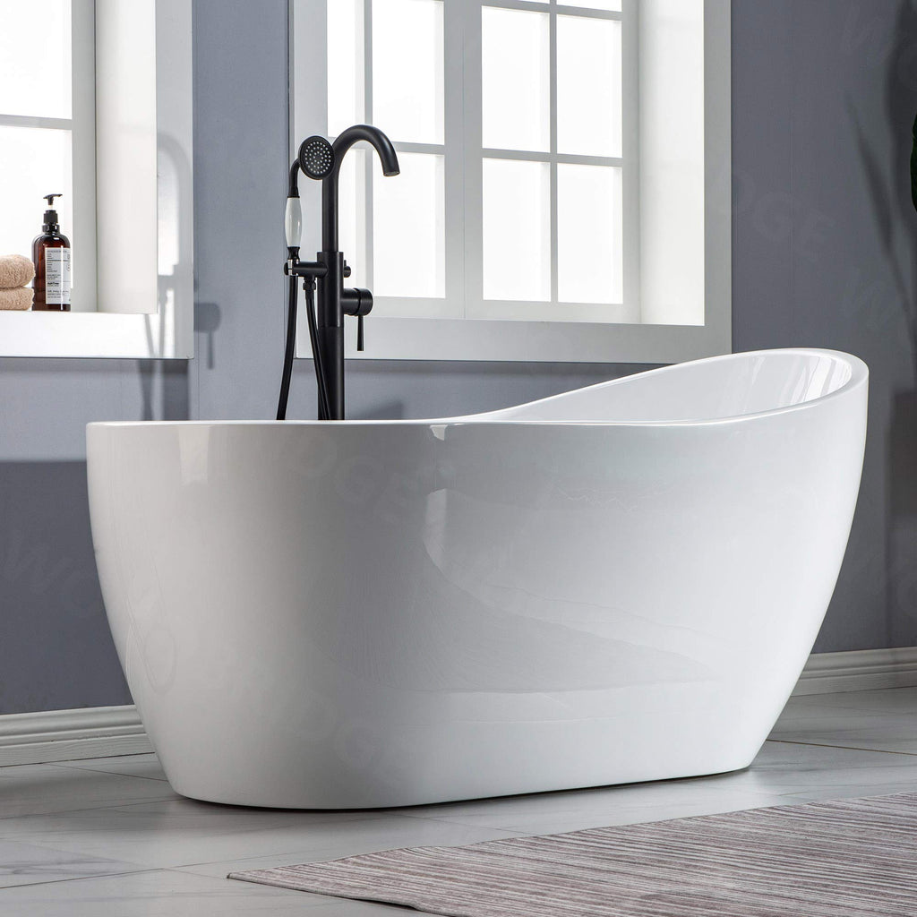 WOODBRIDGE 59" Acrylic Freestanding Bathtub Contemporary Soaking White Tub with Brushed Gold Overflow and Drain， B1530 -BG-Drain &O