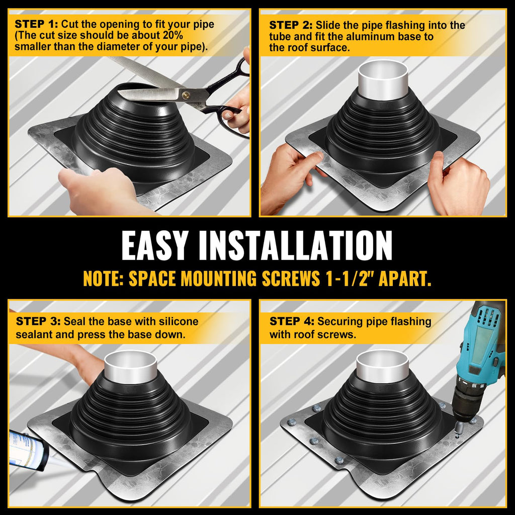 VIVIDA #1 Metal Roof Pipe Flashing, Metal Roofing Pipe Boot Kit, High Temp Silicone Vent Boot, for Tube OD 1/4" to 2", Square Base, Screws & Hex Socket Included, 1 Pack, Black