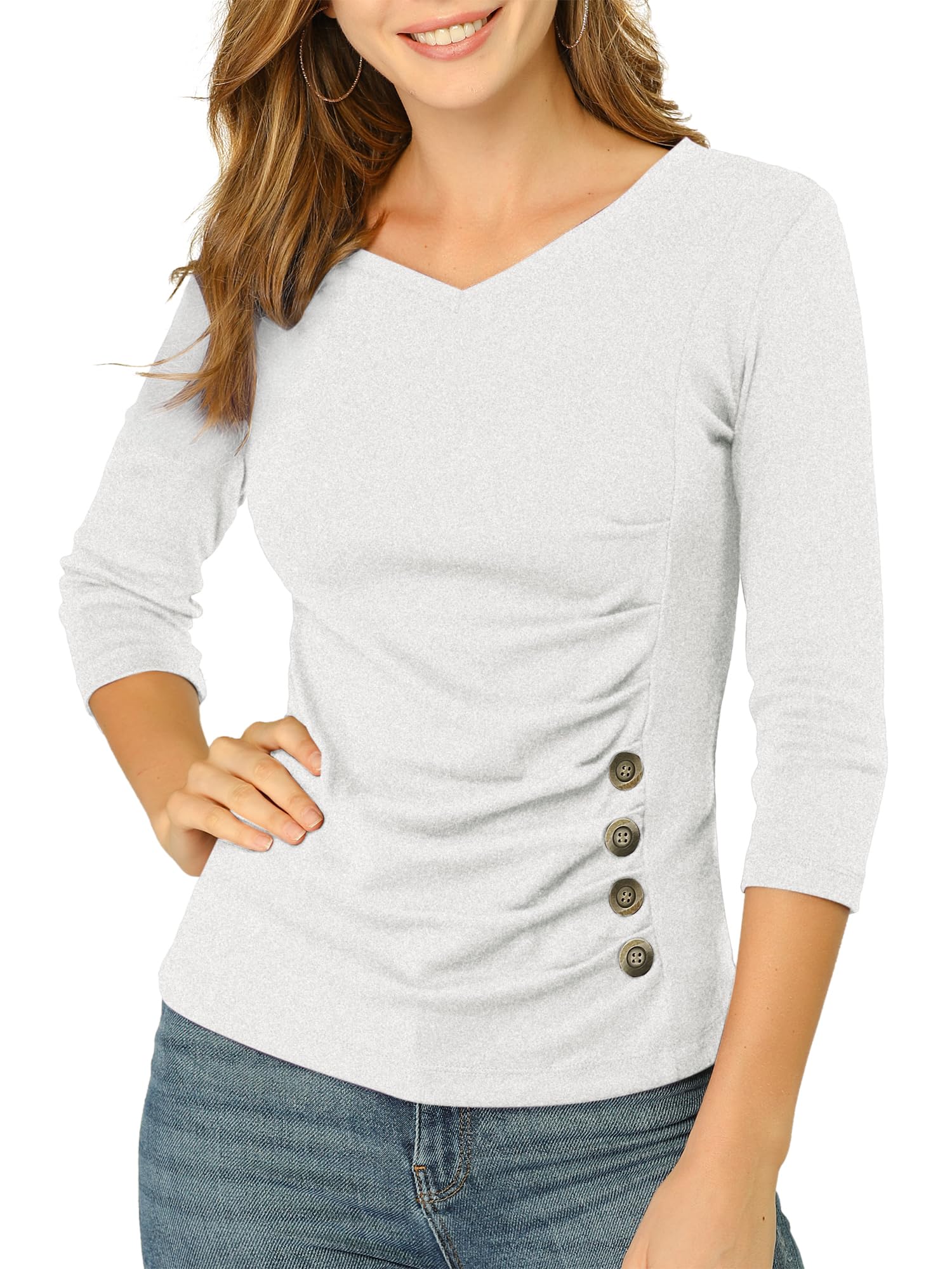 Allegra K Women's V Neck Tops 3/4 Sleeves Solid Knitted Buttons Decor Ruched Blouse