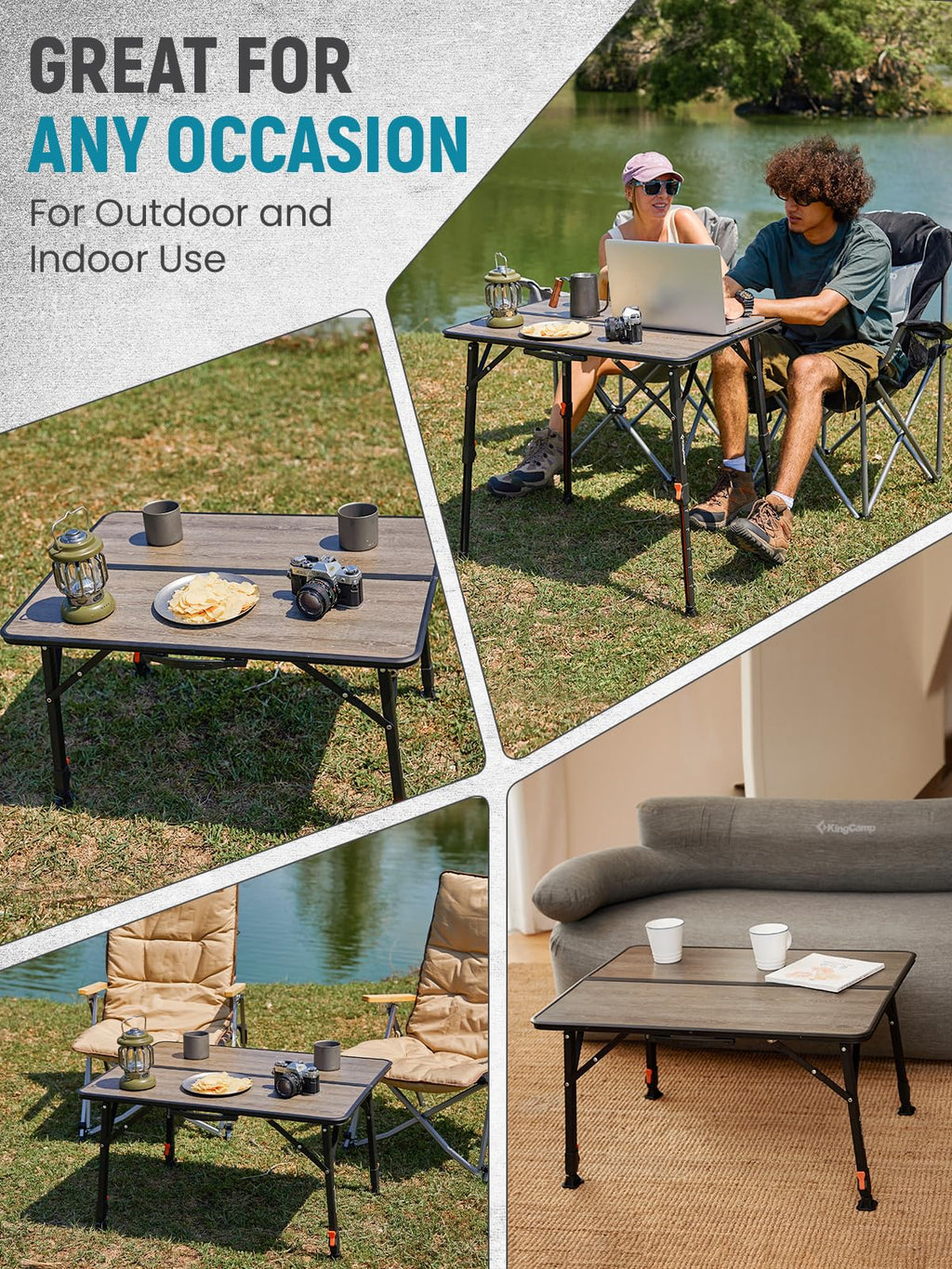 KingCamp Bamboo Folding Table, 4-Fold Camping Adjustable Height Portable Outdoor Lightweight & Compact Table with Aluminum Frame for RV Picnic BBQ Tailgating