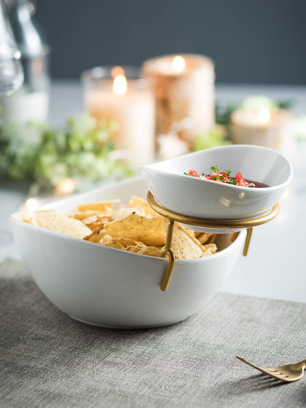 Miamolo 3 Tier Serving Bowls with Stand for Entertaining Party | Ceramic, Chip and Dip Set | Food Display for Fruit Salad Snacks | Space-saving Storage | Microwave & Dishwasher Safe