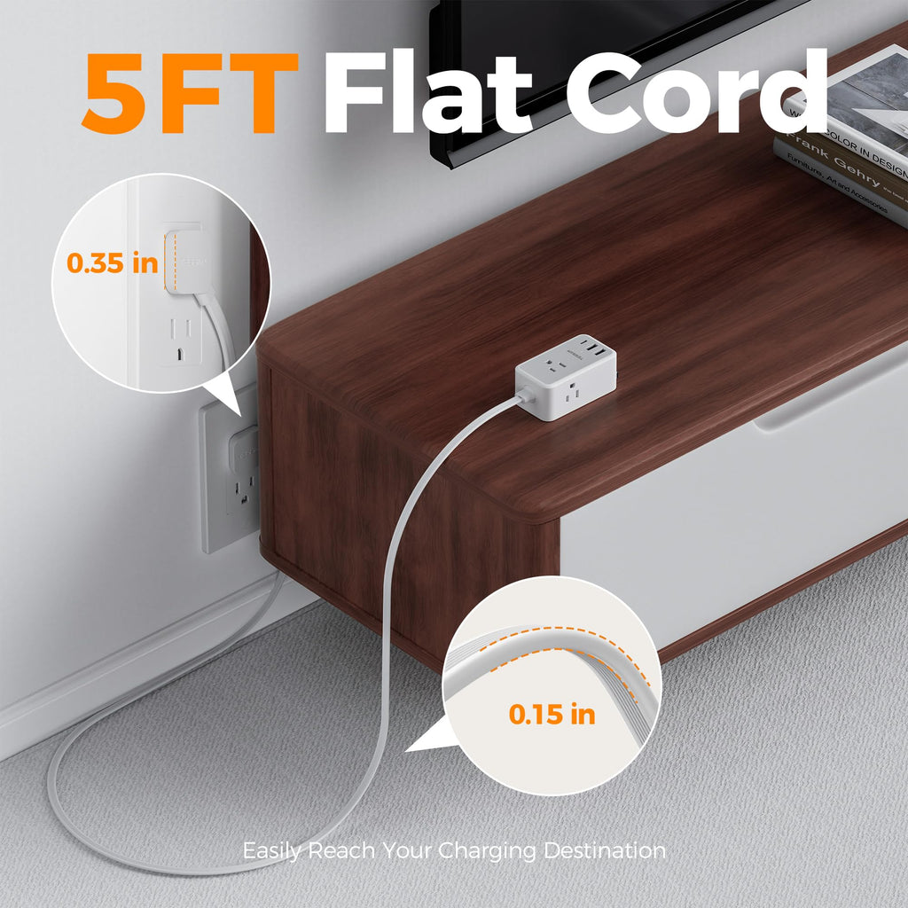 TESSAN Small Flat Plug Power Strip, Ultra Thin Extension Cord 5 ft, 3 AC Outlets with 3 USB Ports (1 USB C), Multiple Wall Outlet Extender for Cruise Travel Office School Dorm Room Essentials, Black