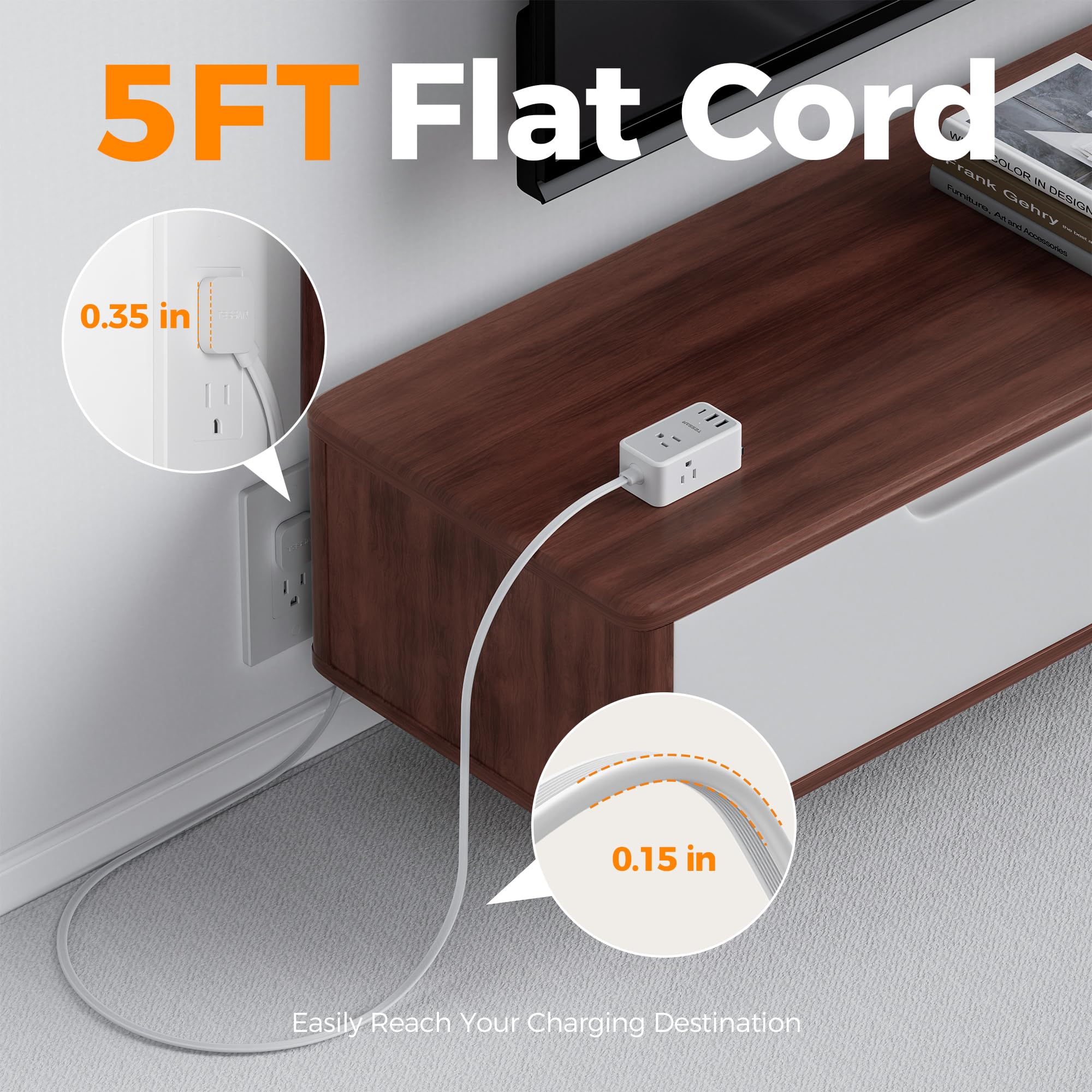 TESSAN Small Flat Plug Power Strip, Ultra Thin Extension Cord 5 ft, 3 AC Outlets with 3 USB Ports (1 USB C), Multiple Wall Outlet Extender for Cruise Travel Office School Dorm Room Essentials, Black