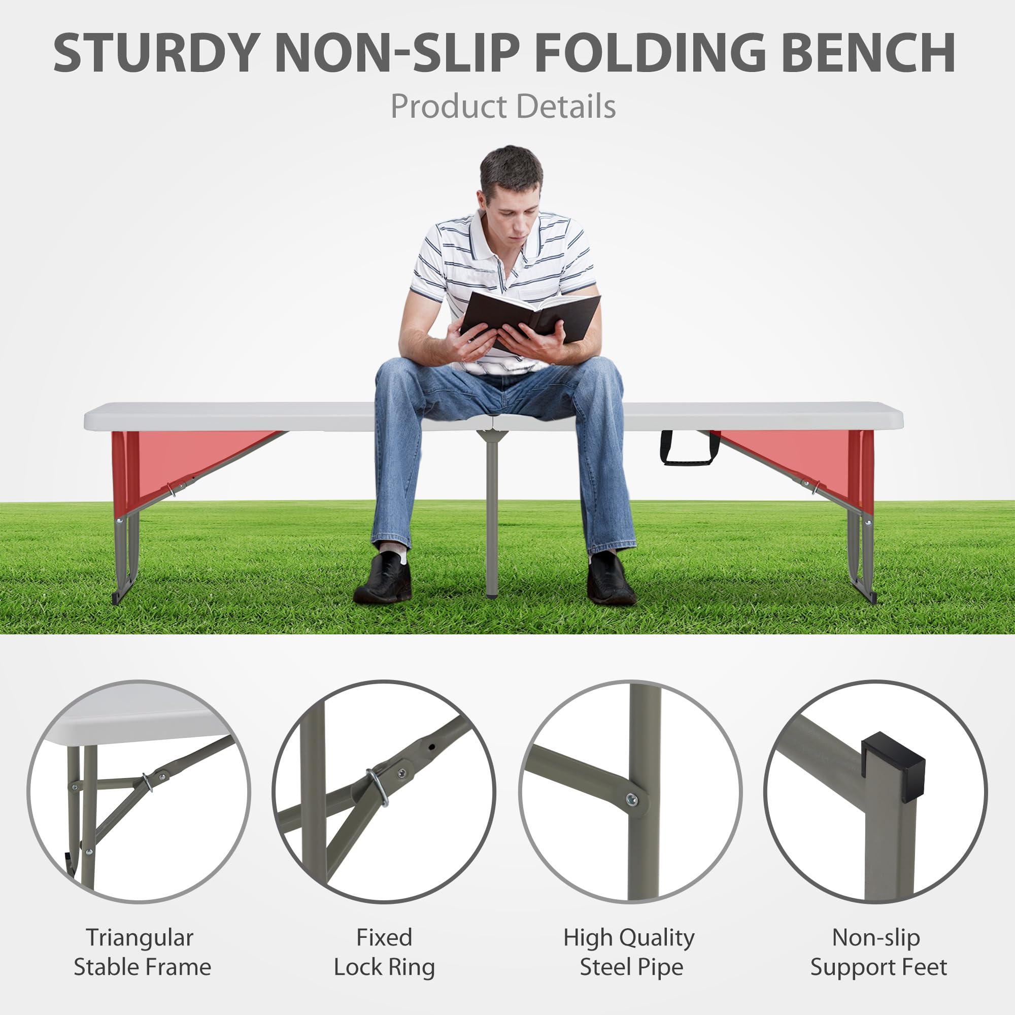 6ft Plastic Folding Bench with Carrying Handle & Lock, Portable Outdoor Bench in Garden Picnic Camping Dining Party Seat, Waterproof Bench for Soccer Activities, Firm and Durable (2Pack C)