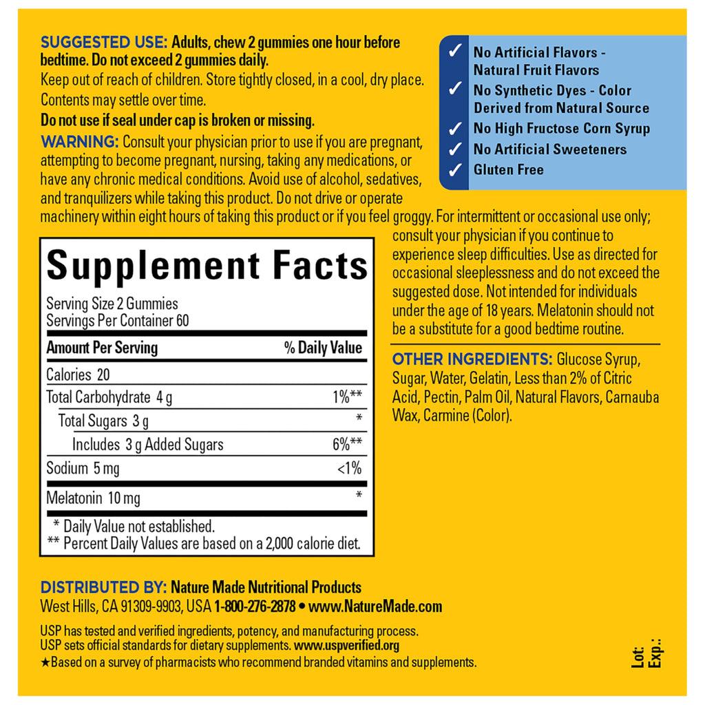 Nature Made Melatonin 10mg per serving Gummies, Maximum Strength Dosage, 100% Drug Free Sleep Aid for Adults, 60 Melatonin Gummies, 30 Day Supply