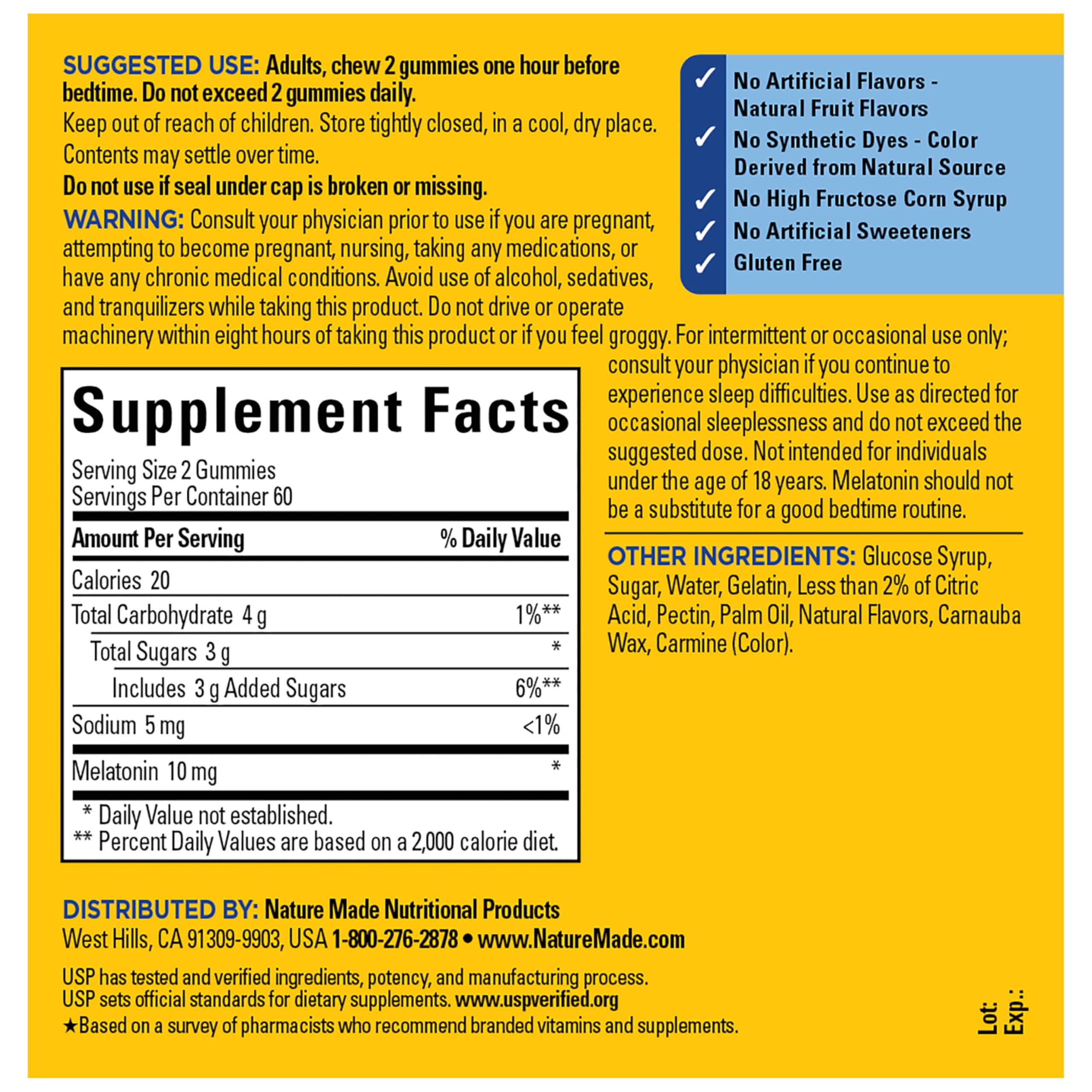 Nature Made Melatonin 10mg per serving Gummies, Maximum Strength Dosage, 100% Drug Free Sleep Aid for Adults, 60 Melatonin Gummies, 30 Day Supply