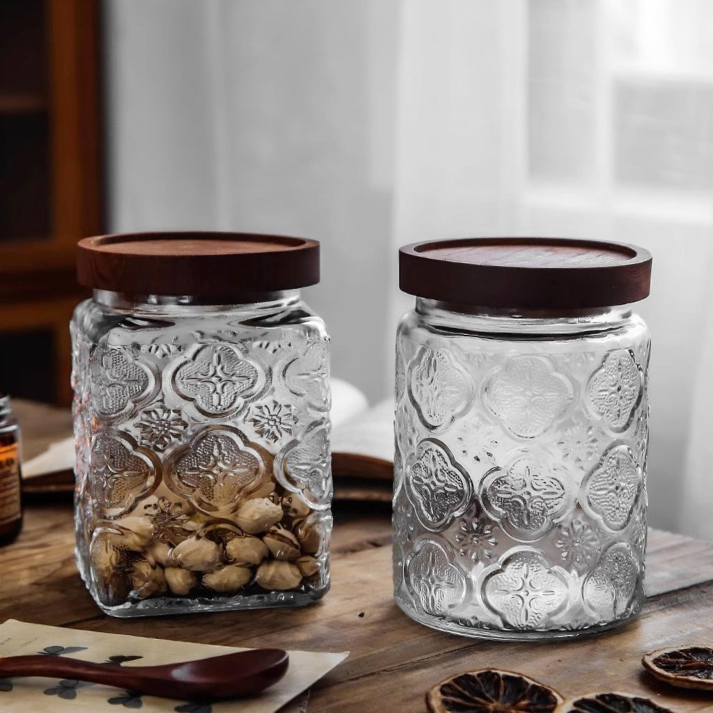 Custde Glass Storage Jars With Airtight Lid, 23.7oz Container For Kitchen Counter with Wooden Lid, brown sugar, candy, coffee, cookie, salt, tea, cute Jar (35oz Large Begonia Flowers)