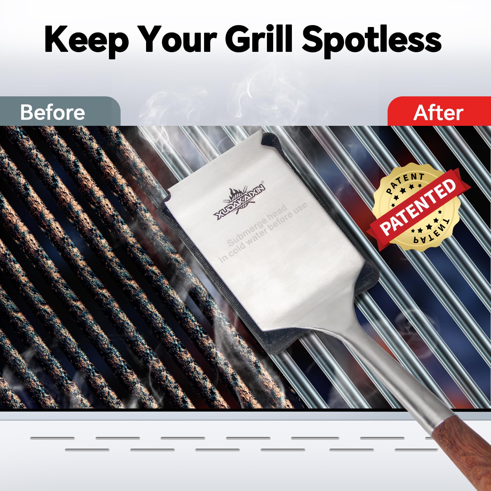 Bristle-Free Steam Cleaning Grill Brush — Features an Extended Luxurious Rosewood Handle and a Unique Wavy pad that Seamlessly fits cast Iron and Stainless Steel grates