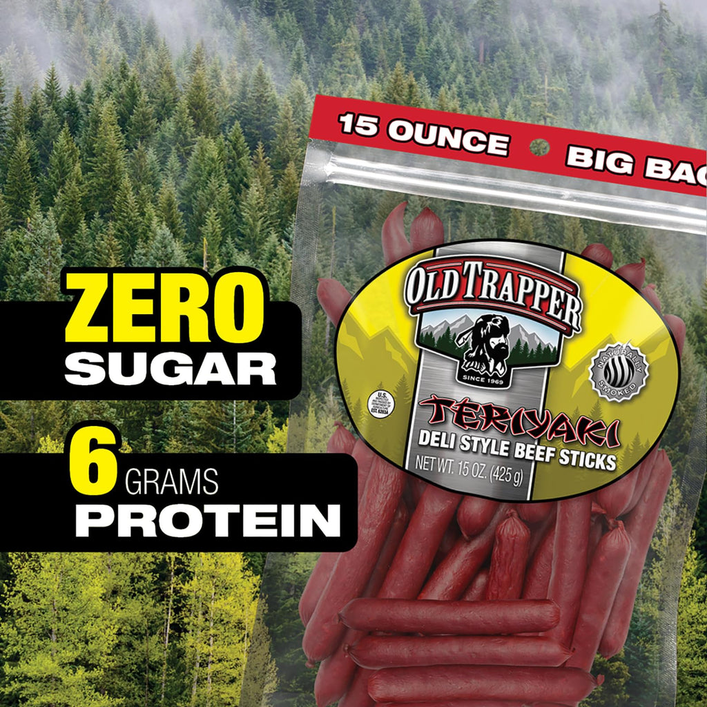 Old Trapper Deli-Style Beef Sticks, Jalapeño Flavor, 15-Ounce Package, Spicy Beef Sticks, Six Grams of Protein and Zero Grams of Sugar per Serving (Pack of One)
