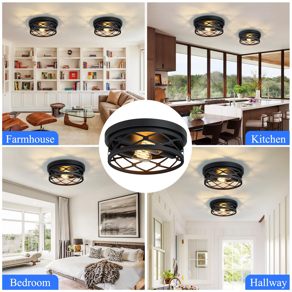 SKEJAO Flush Mount Ceiling Light Fixture,Black 2-Light Hallway Light Fixtures Ceiling,Light Fixtures Ceiling Mount for Farmhouse,Kitchen,Hall,Bedroom,Bathroom (2 Pack)