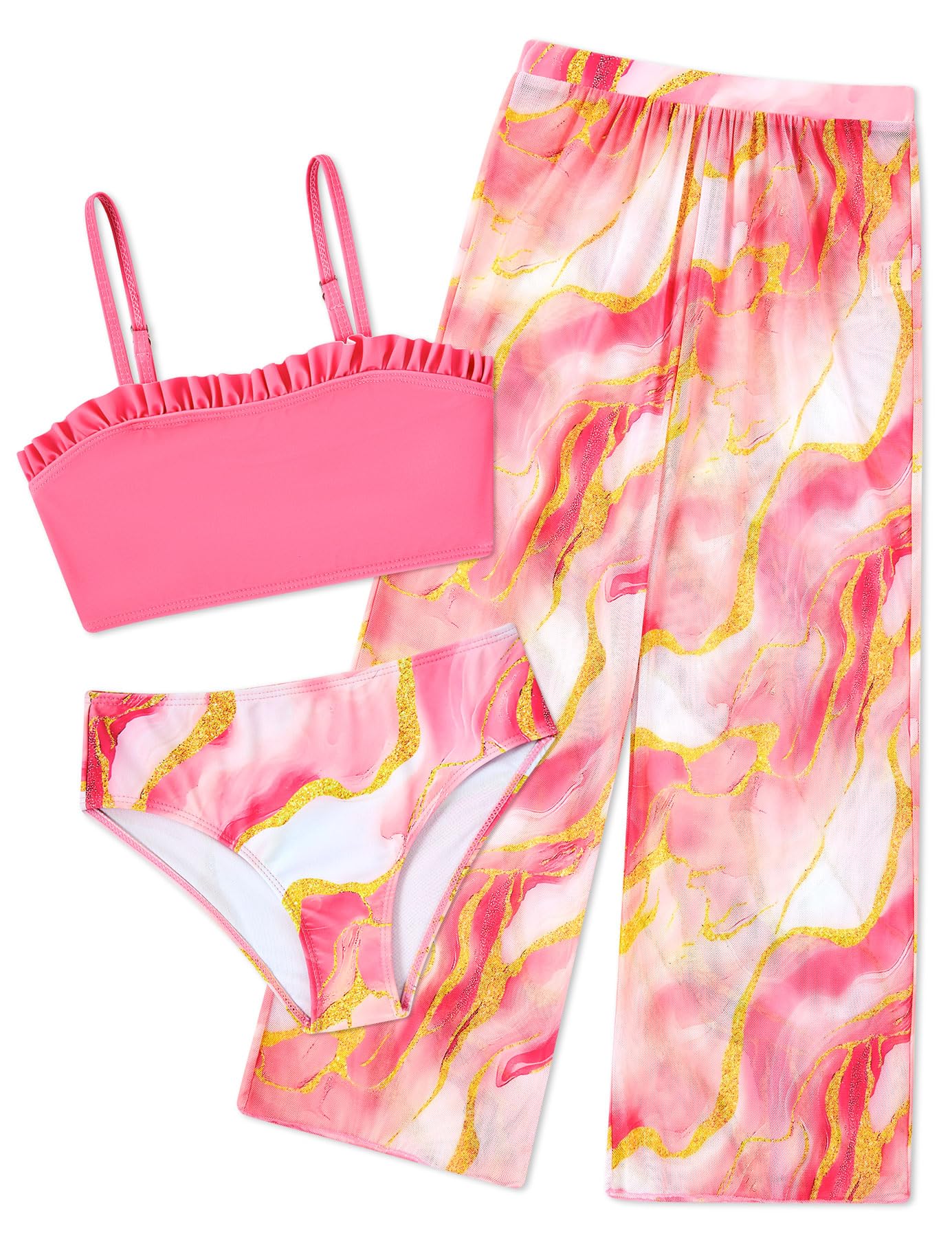 Vogseek 6-16T Girls 3 Pieces Bikini Bathing Suit with Rash Guard Pants Quick Dry Swimwear Cover-Up Sets