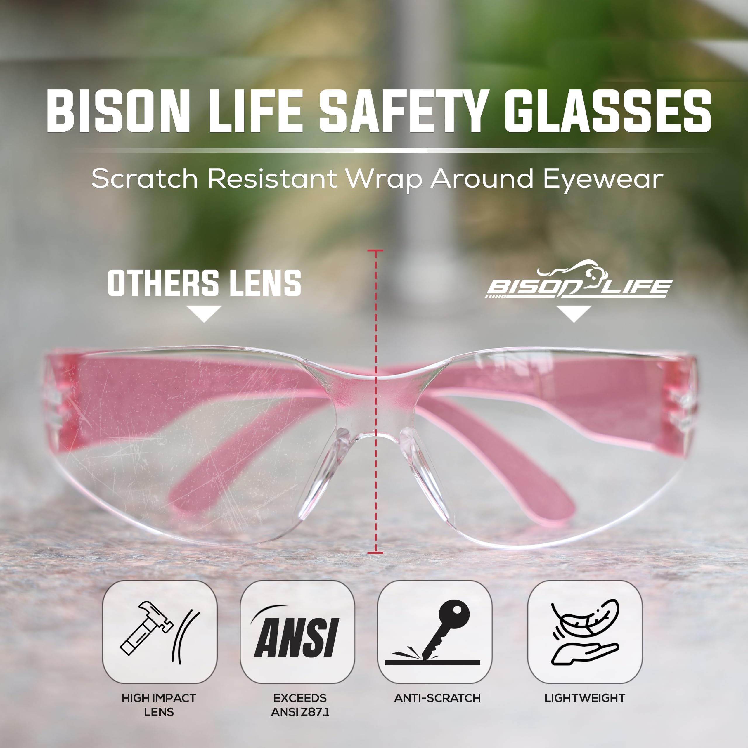 BISON LIFE Clear Safety Glasses – ANSI Z87.1 Certified Scratch & Impact Resistant Eye Protection Goggles for Men & Women