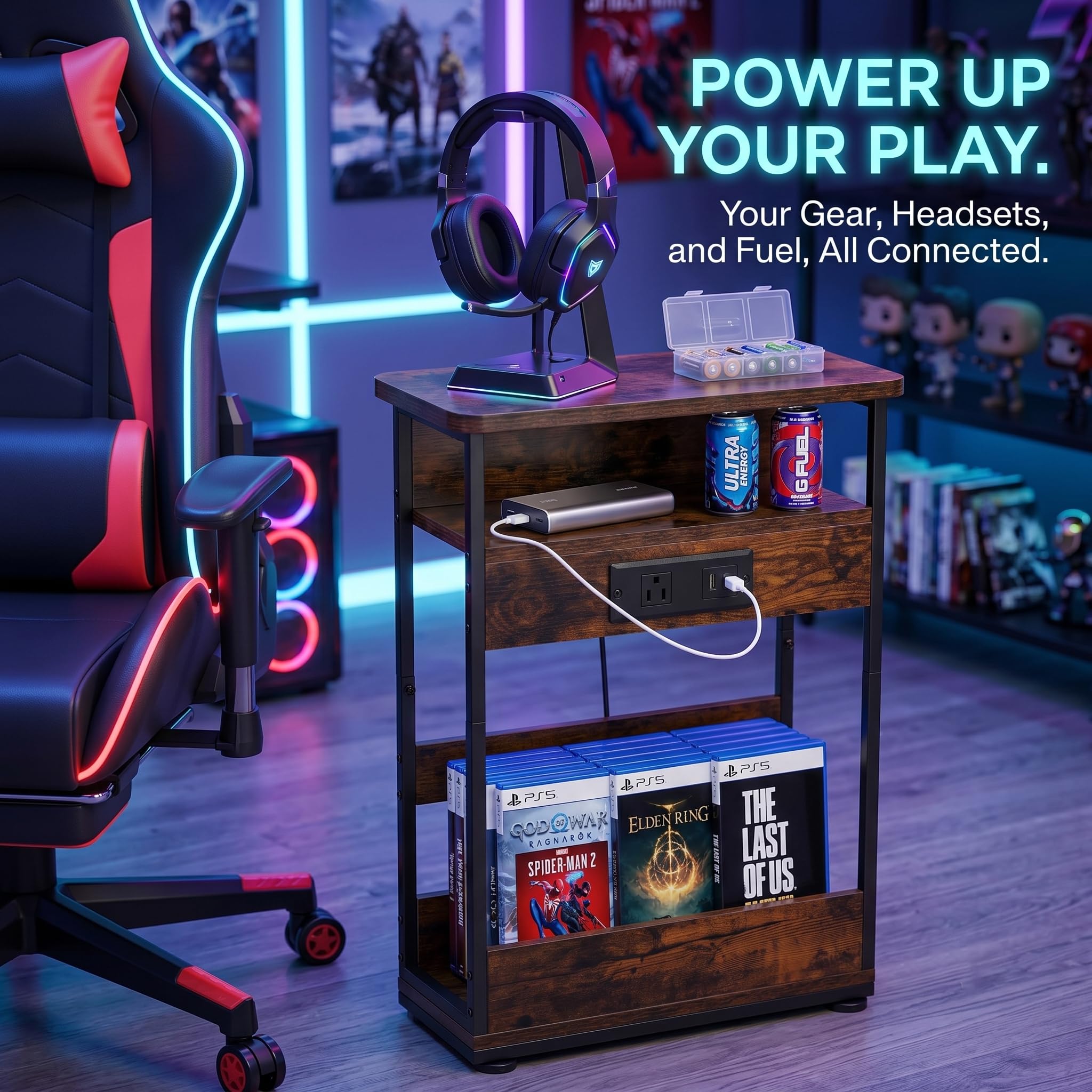 YEAKOO Narrow Side Table with Charging Station, 3-Tier End Table with 2 USB Ports & Power Outlets,Thin Sofa Side Table for Narrow and Small Spaces, Bedside Table Nightstand for Living Room,Black