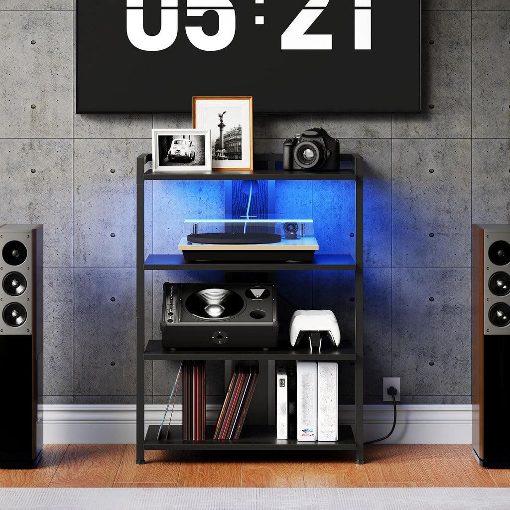 HOOBRO Game Console Shelf, 4-Tier Video Gaming Consoles Stand with Outlet & RGB Light, Audio Rack Tower for Turntable, Stereo Equipment, Wooden Entertainment Storage Stand, Black BB38UDCJ01