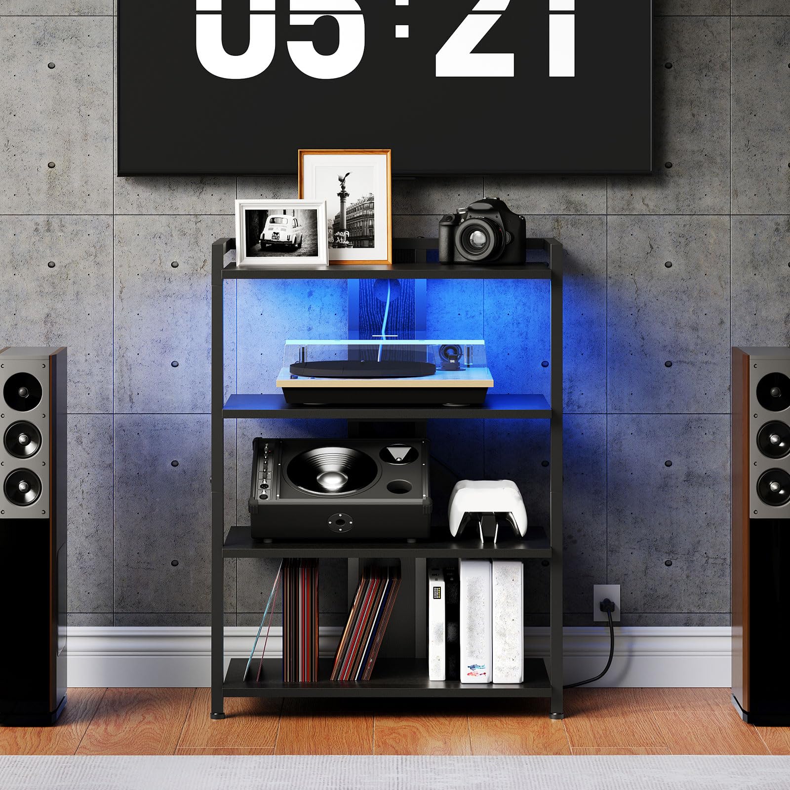 HOOBRO Game Console Shelf, 4-Tier Video Gaming Consoles Stand with Outlet & RGB Light, Audio Rack Tower for Turntable, Stereo Equipment, Wooden Entertainment Storage Stand, Black BB38UDCJ01