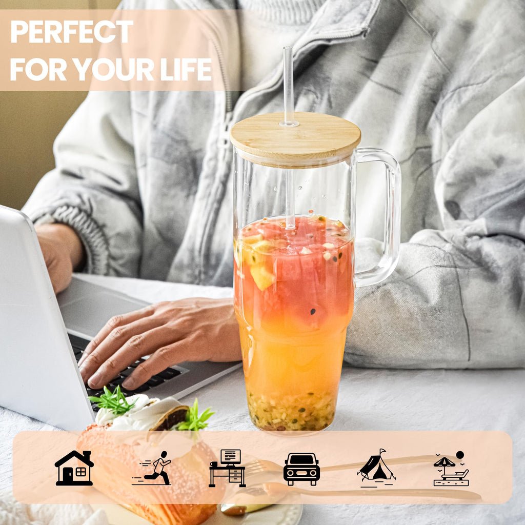 40 oz Glass Tumbler with Handle 12 Pack Glass Tumbler with Straw and Lid Clear Reusable Iced Coffee Cup, Fits Car Cup Holder, BPA Free, for Boba Tea, Juice, Smoothie, Beer(Sublimatable)