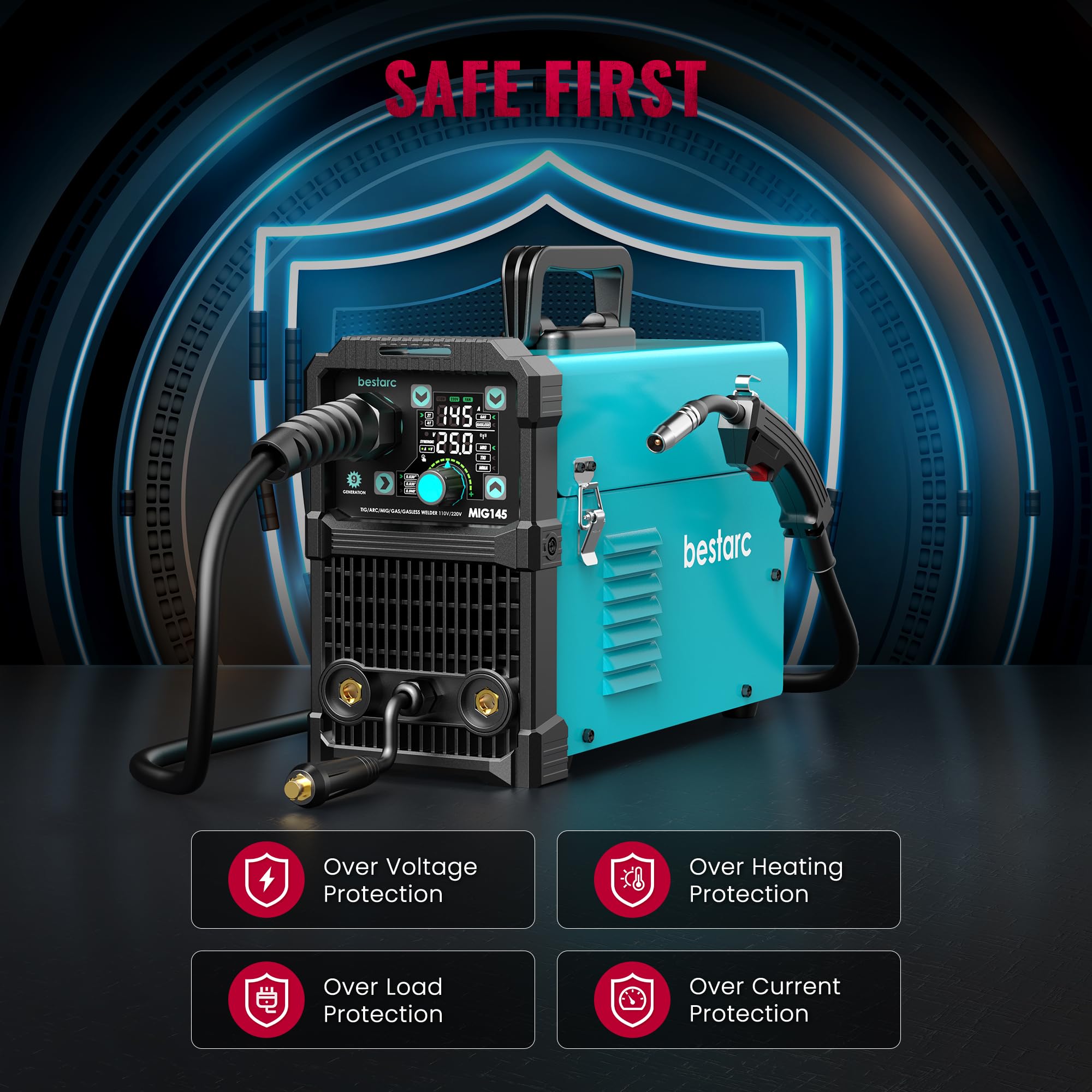 Bestarc 145A MIG Welder, 110V 220V 4 in 1 Gas/Flux Core MIG/Lift TIG/Stick Welder Machine, Large LED Display Welding Machine, IGBT Inverter Welder MIG145 Soild Gasless Synergy MIG Welder