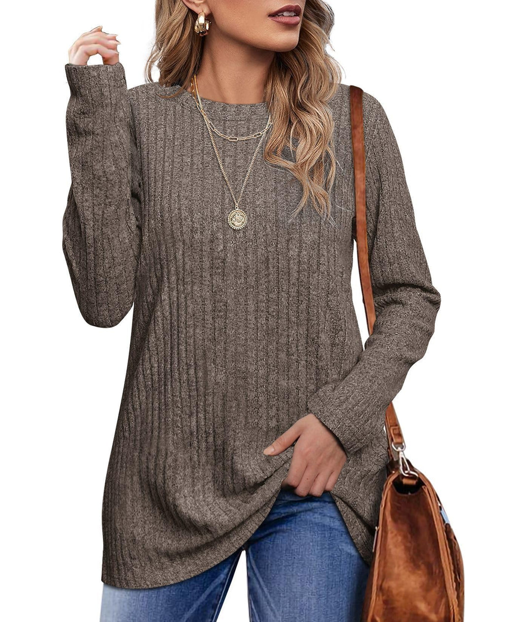 OFEEFAN Long Sleeve Shirts for Women Loose Fit Crew Neck Tunic Tops Blouse Dressy Casual Fall Winter Clothes Outfits