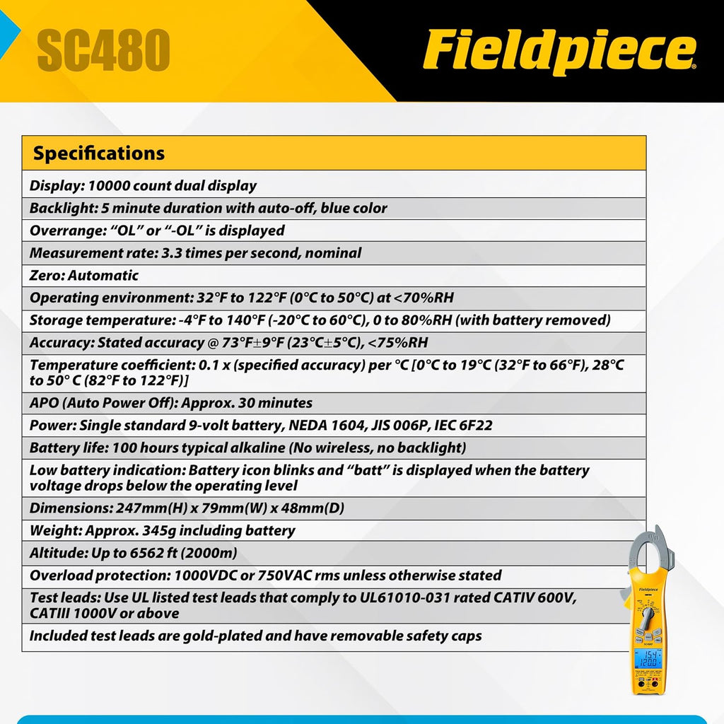 Fieldpiece SC480 Wireless Power Clamp Meter - True RMS HVACR Multimeter w/Job Link App Connectivity - Inrush Current, 3-Phase Testing, Low Pass Filter, CAT IV 600V - HVAC Tools