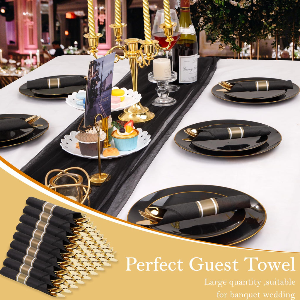Supernal 60 Pack Pre Rolled Gold Plastic Silverware with Black Napkins - Heavy Duty Pre Wrapped Gold Cutlery Set Disposable - Elegant Plastic Forks, Spoons & Knives for Weddings, Parties, Catering