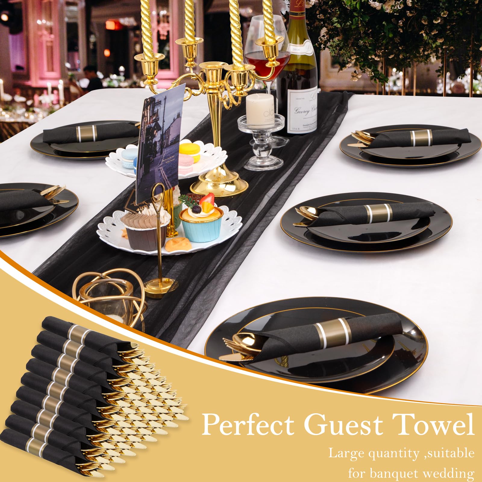 Supernal 60 Pack Pre Rolled Gold Plastic Silverware with Black Napkins - Heavy Duty Pre Wrapped Gold Cutlery Set Disposable - Elegant Plastic Forks, Spoons & Knives for Weddings, Parties, Catering