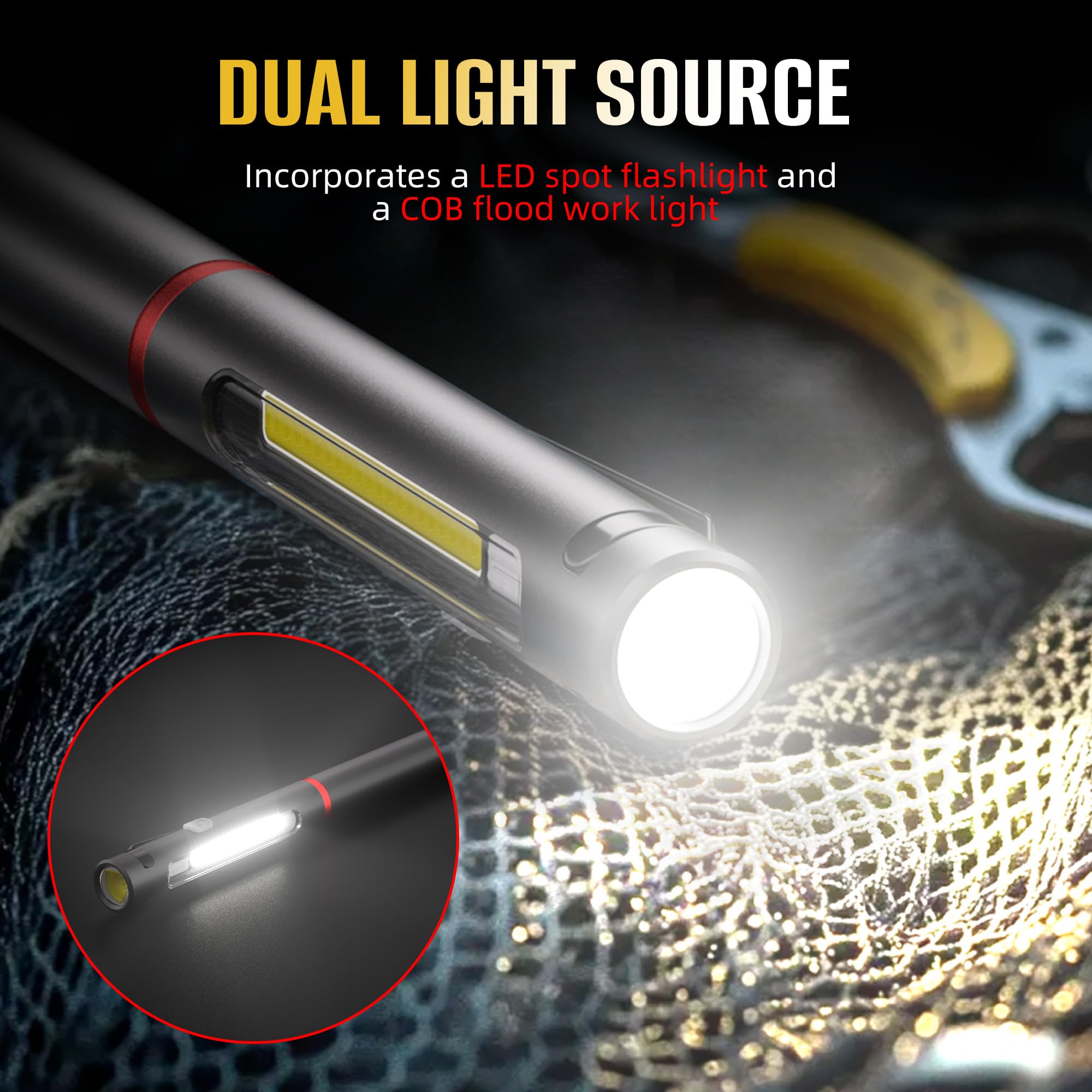 Rechargeable Pen Light, 800 Lumens LED Pen Flashlights 6 Modes COB Magnetic Flashlight with Clip Bright Pocket Flashlights Work Light Portable Waterproof Durable Penlight for Work Emergency