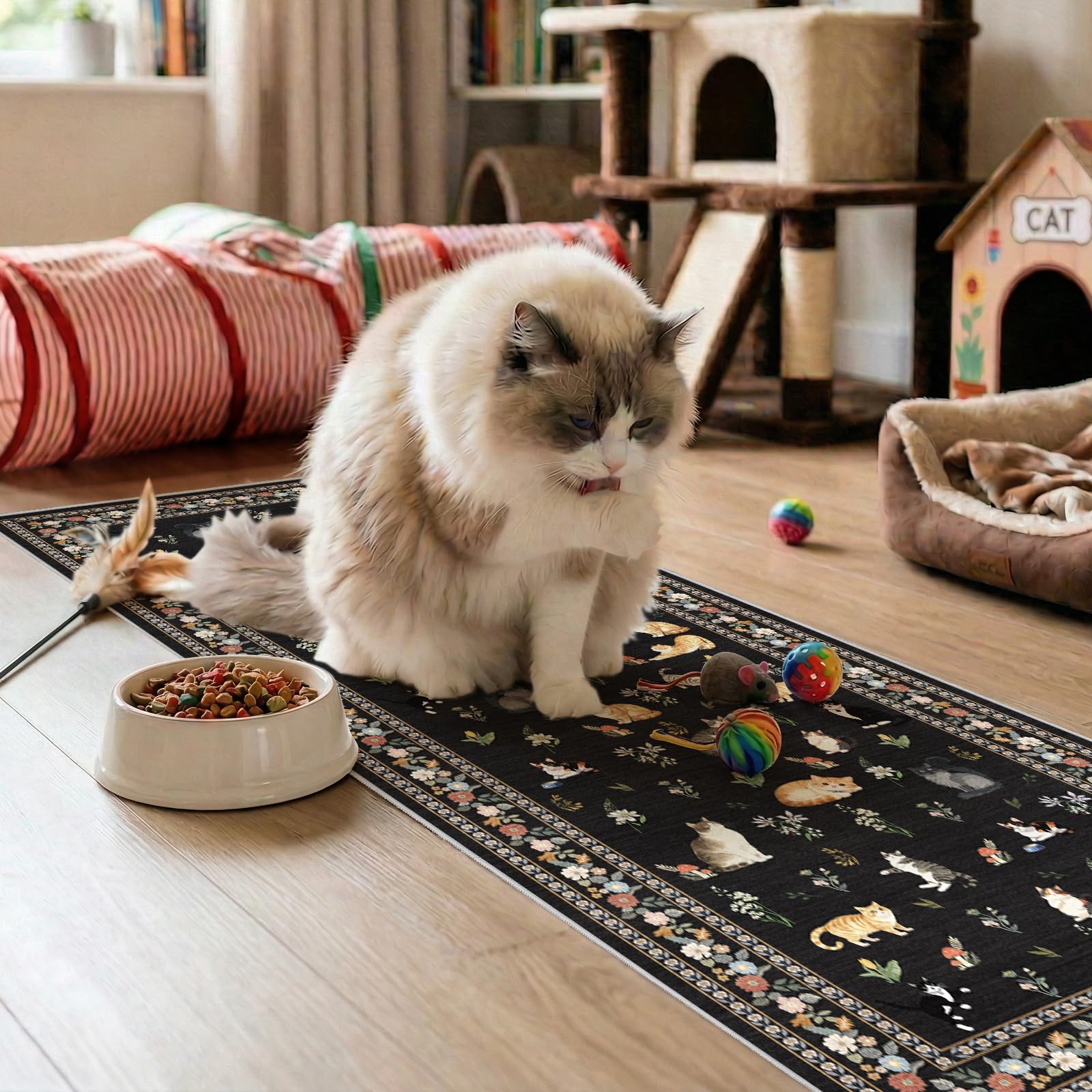 2x5 Washable Kitchen Runner Rug - Soft Low Pile Floral Animal Cat Print Rugs with Non-Slip Backing Waterproof Stain-Resistant Indoor Carpet for Hallway Entryway Bathroom Bedroom (Black)