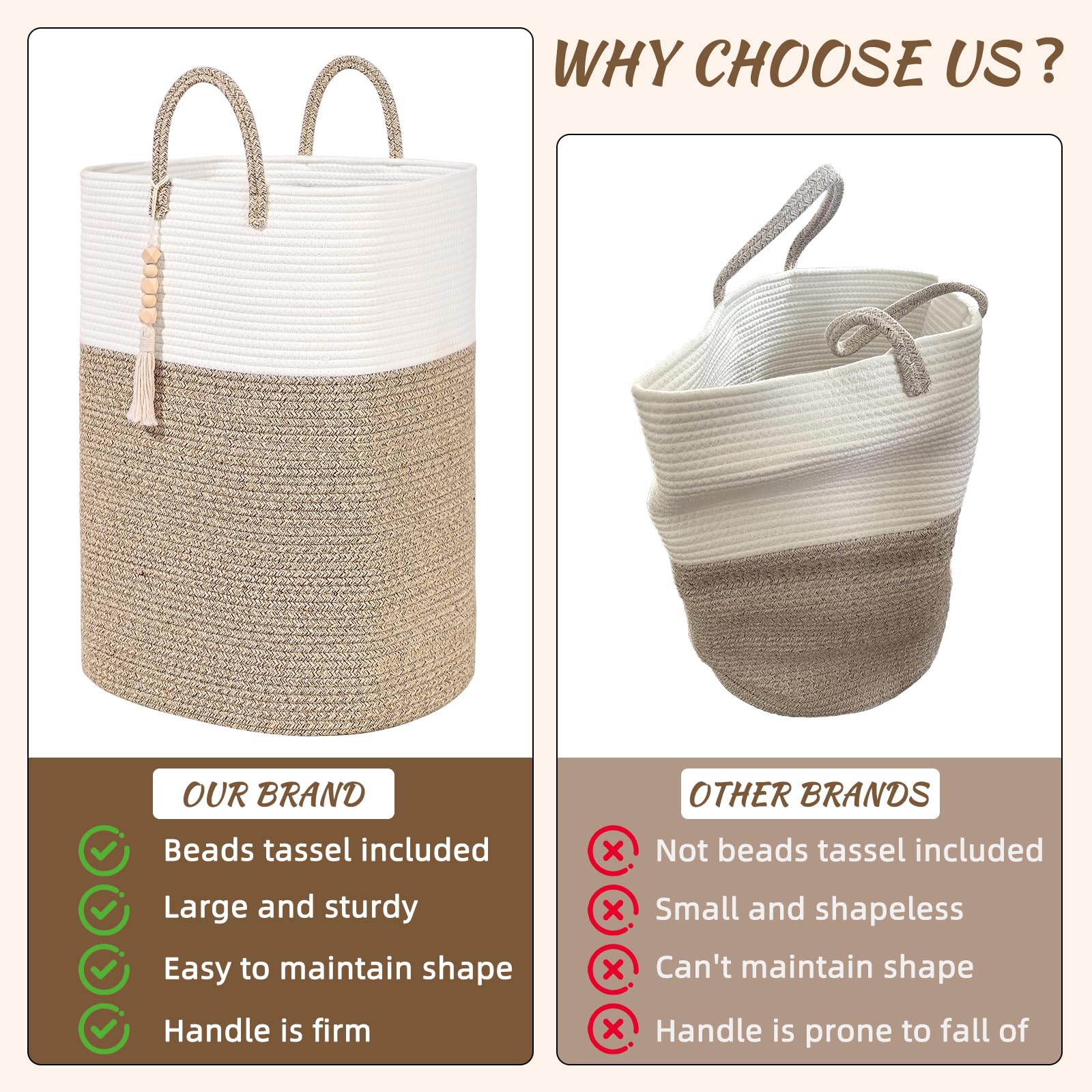 Woven Laundry Basket for Clothes, 50L Large Rectangle Laundry Hampers with Beads Tassel, Nursery Storage Basket for Toys, Tall Dirty Clothes Hamper for Bedroom Aesthetic, Laundry Room Organization