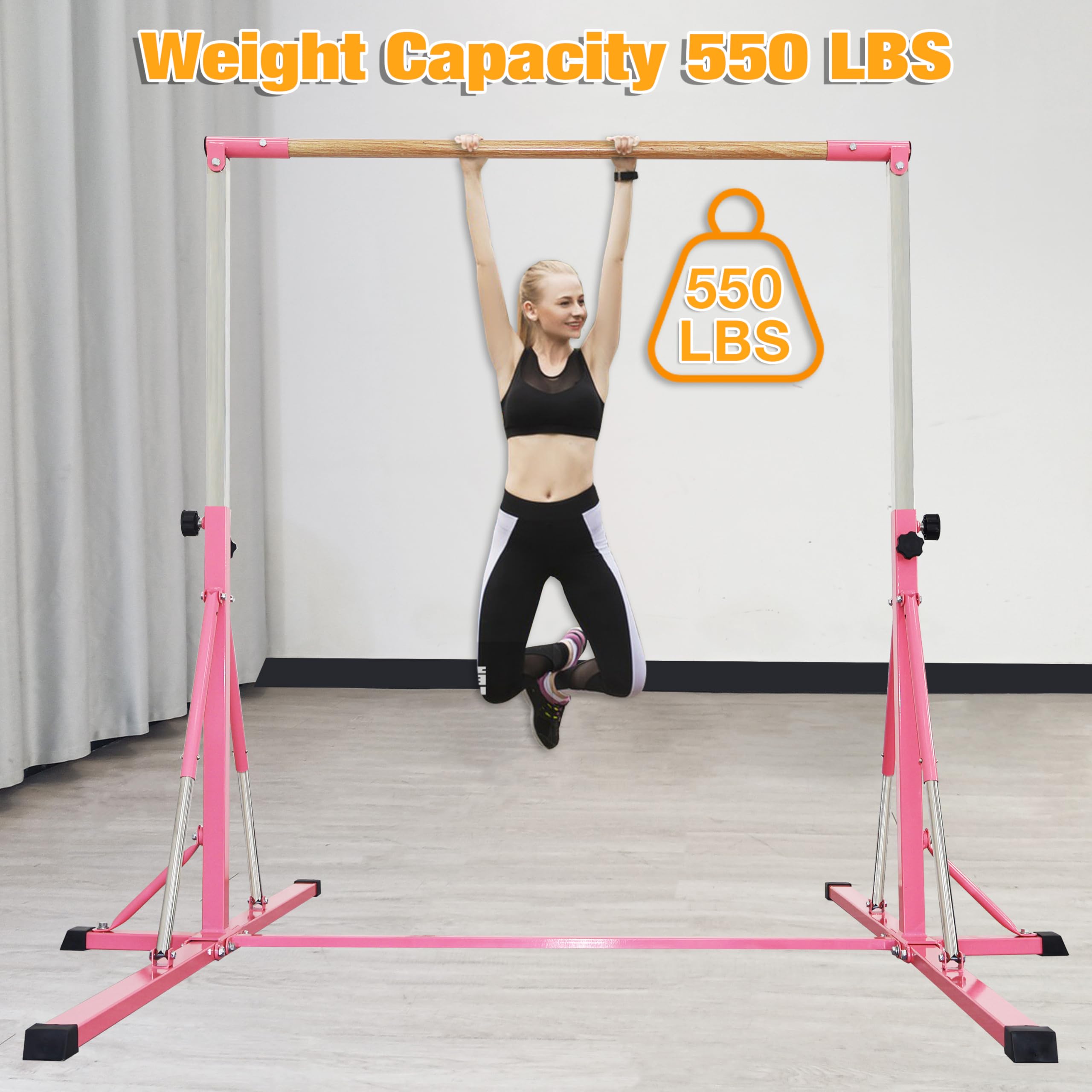 FC FUNCHEER Gymnastics Bar for Kids Ages 3-15, 35" to 60" Adjustable Height, 4FT Wide Base - Professional Kip Bar with 360° Stability & Fiberglass Crossbar, Easy Fold&Solid Design for Home Training