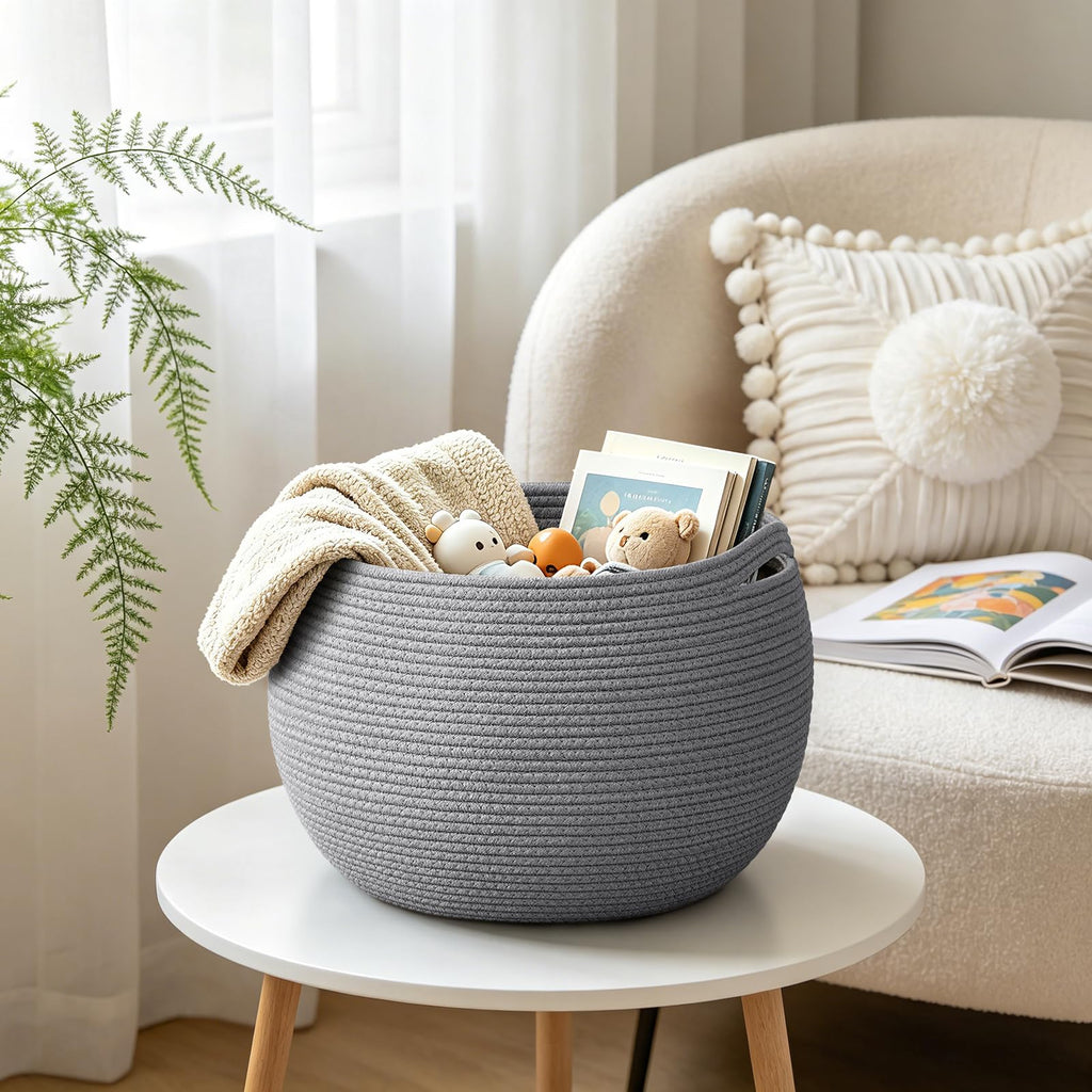 Goodpick Small Rope Storage Basket, Black Round Baskets for Socks, Dog Toys, Towels, Cute Baby Basket for Living Room, Bedroom, Nursery, Towel Baskets for Bathroom, 10 x 8.3 inches