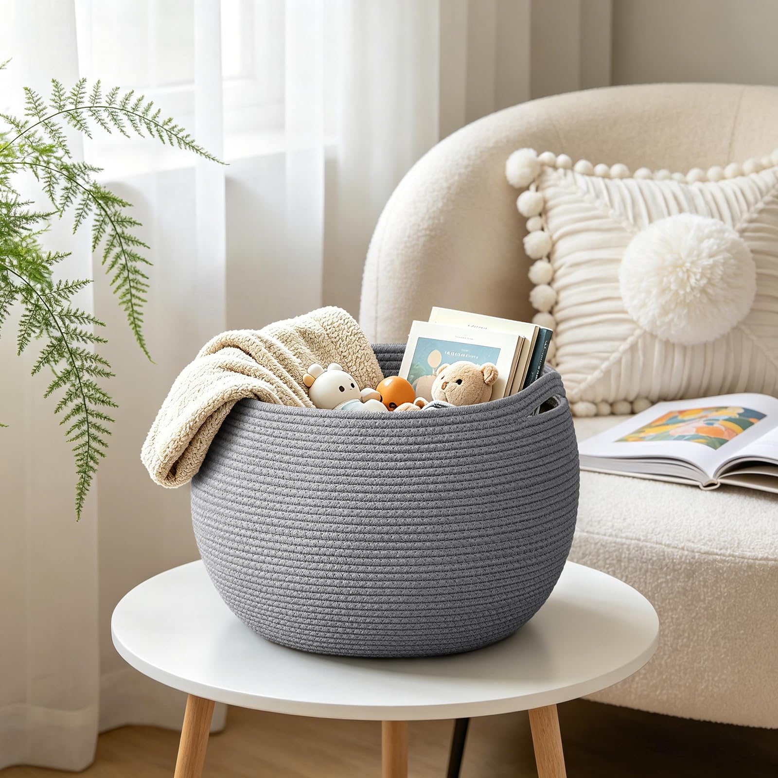 Goodpick Small Rope Storage Basket, Black Round Baskets for Socks, Dog Toys, Towels, Cute Baby Basket for Living Room, Bedroom, Nursery, Towel Baskets for Bathroom, 10 x 8.3 inches
