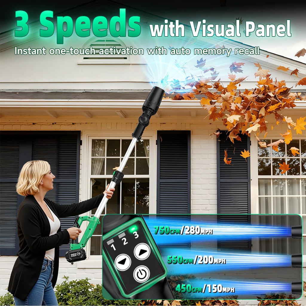 KIMO Leaf Blower Cordless with Battery and Charger, 540CFM/220MPH, Precision Adjustment Handle, 3Speeds w/ Visual Panel, Lightweight, 2 Extended Tube, 2* 2.0 Battery Powered Leaf Blowers for Lawn Care