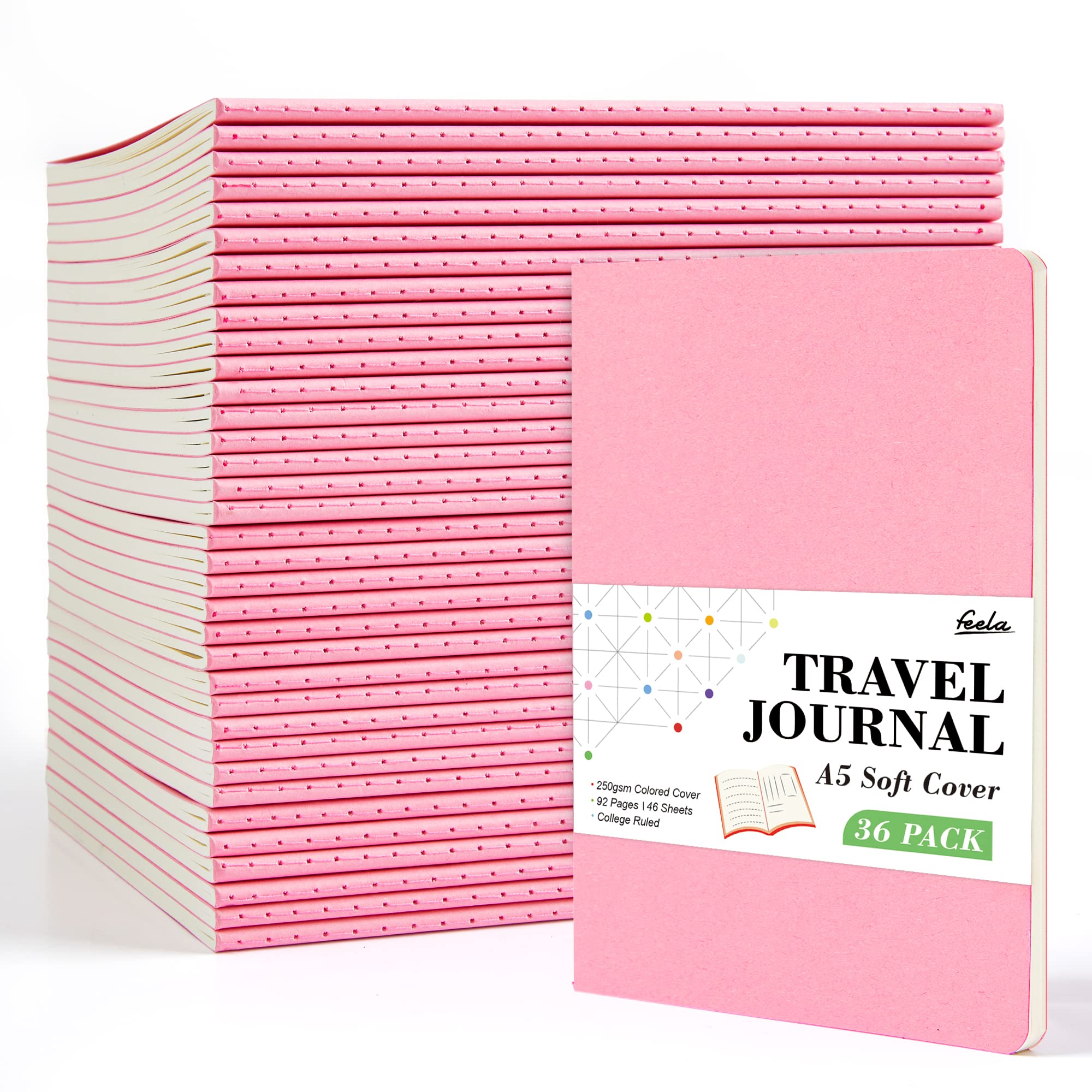 36 Pack Soft Cover Journal Bulk, Feela Lined Blank Travel Journal for Women Men Writing, Notebooks College Ruled for Work, Note Taking Notebook School Business Supplies, 8.2” x 5.5”, A5, Berry