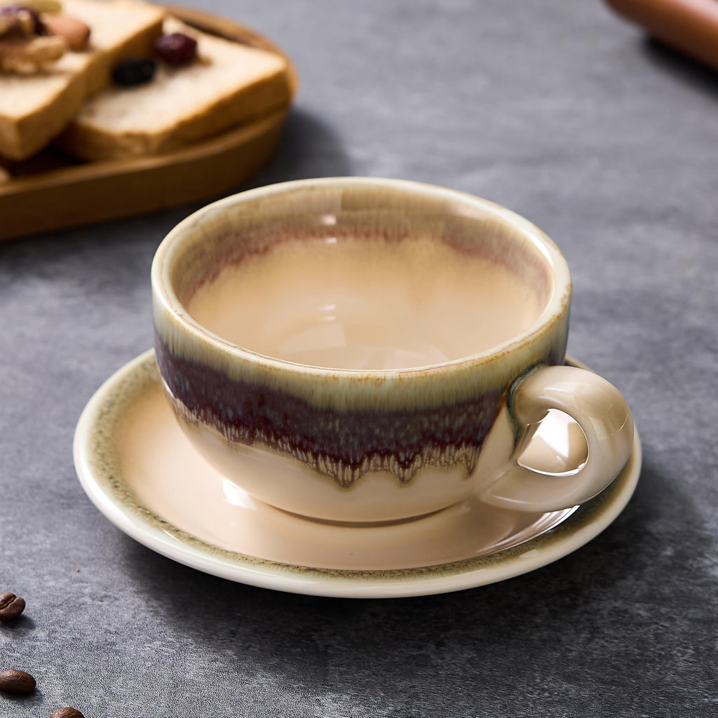 Coffeezone Vintage Design 12 oz Ceramic Latte Art Cappuccino Barista Cup with Saucer (Beige)