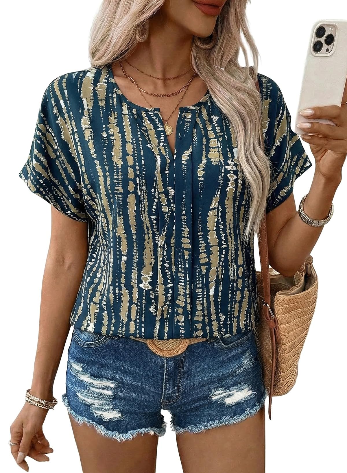 SHEWIN Women's Casual V Neck Floral Print Chiffon Blouses 3/4 Sleeve Boho Summer Tops Shirts