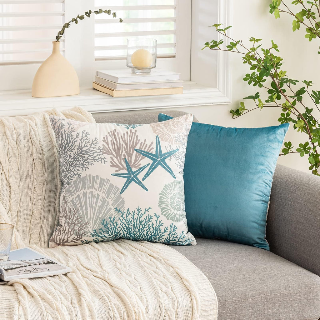 Tritard Nautical Coastal Throw Pillow Covers 16x16 Set of 2 Beach Themed Ocean Seashell Coral Starfish Velvet Couch Decorative Pillow Cases Outdoor Sofa Cushion Cover for Bedroom Living Room, Blue