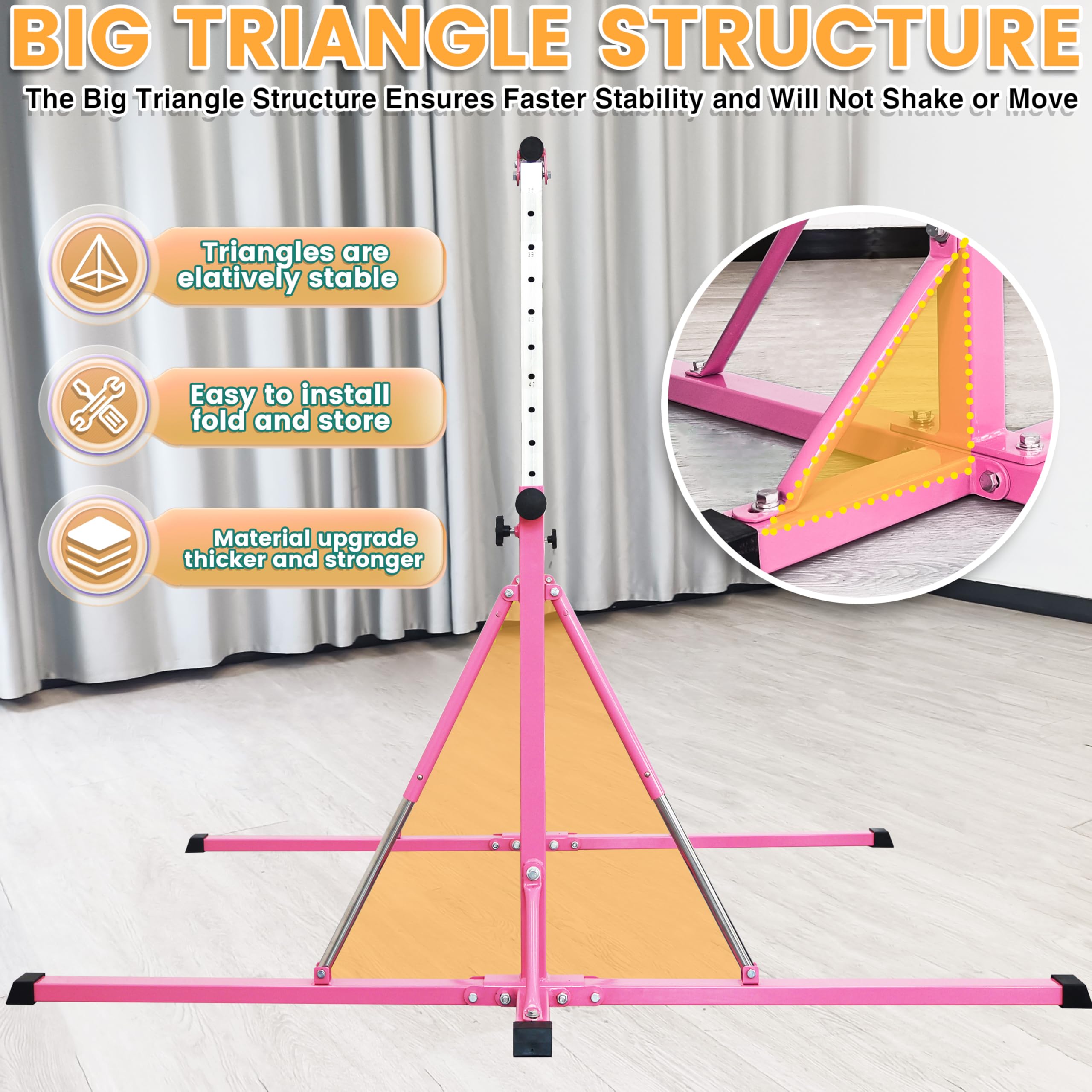 FC FUNCHEER Gymnastics Bar for Kids Ages 3-15, 35" to 60" Adjustable Height, 4FT Wide Base - Professional Kip Bar with 360° Stability & Fiberglass Crossbar, Easy Fold&Solid Design for Home Training