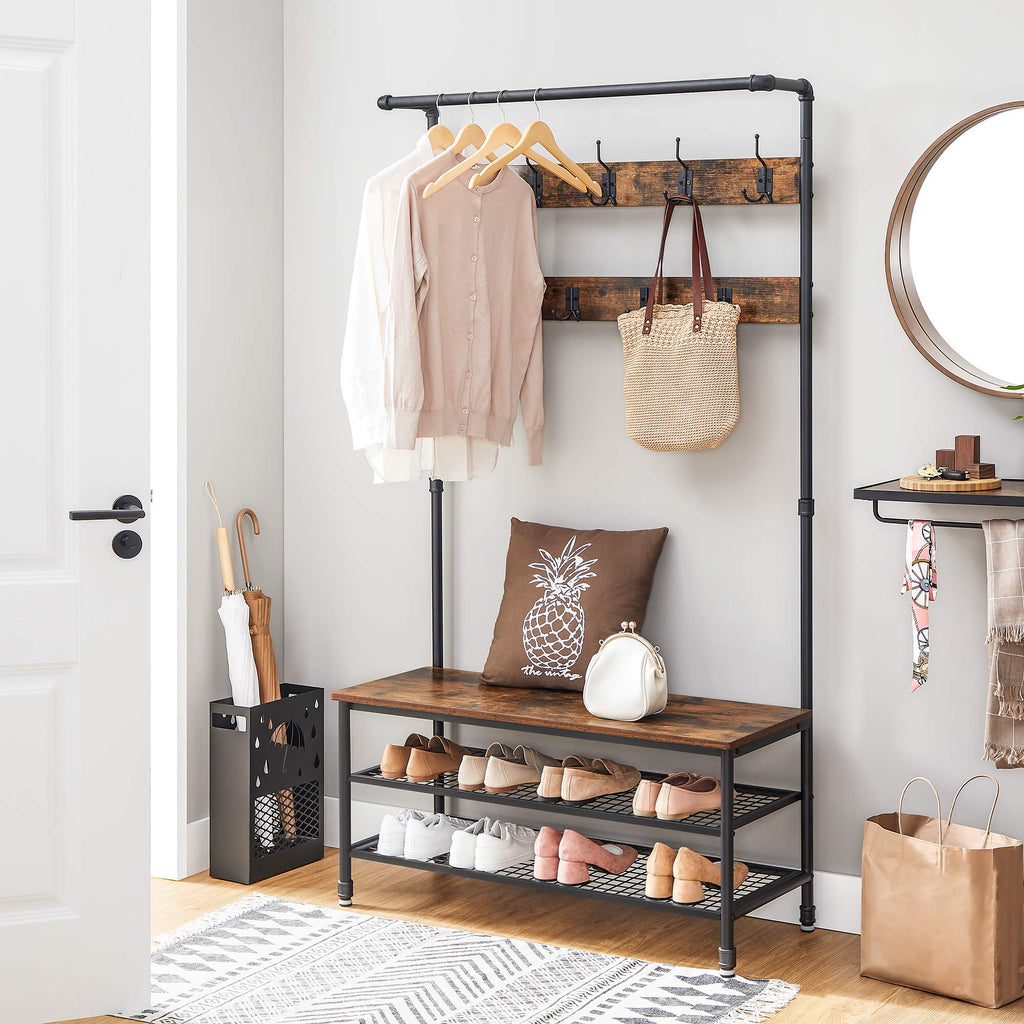 VASAGLE Shoe Bench Rack, 3-Tier Storage Shelf for Entryway Hallway Living Room, Industrial Accent Furniture with Steel Frame, 12.6 x 31.5 x 70.3 Inches, Greige