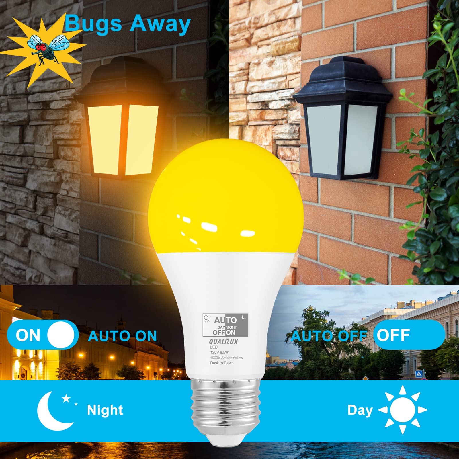 Qualilux Dusk to Dawn A19 LED Light Bulbs 850LM, 60W Equivalent, Daylight, Energy-Efficient 9.5W, A19, E26 Base, 2-Pack, HQ-H011