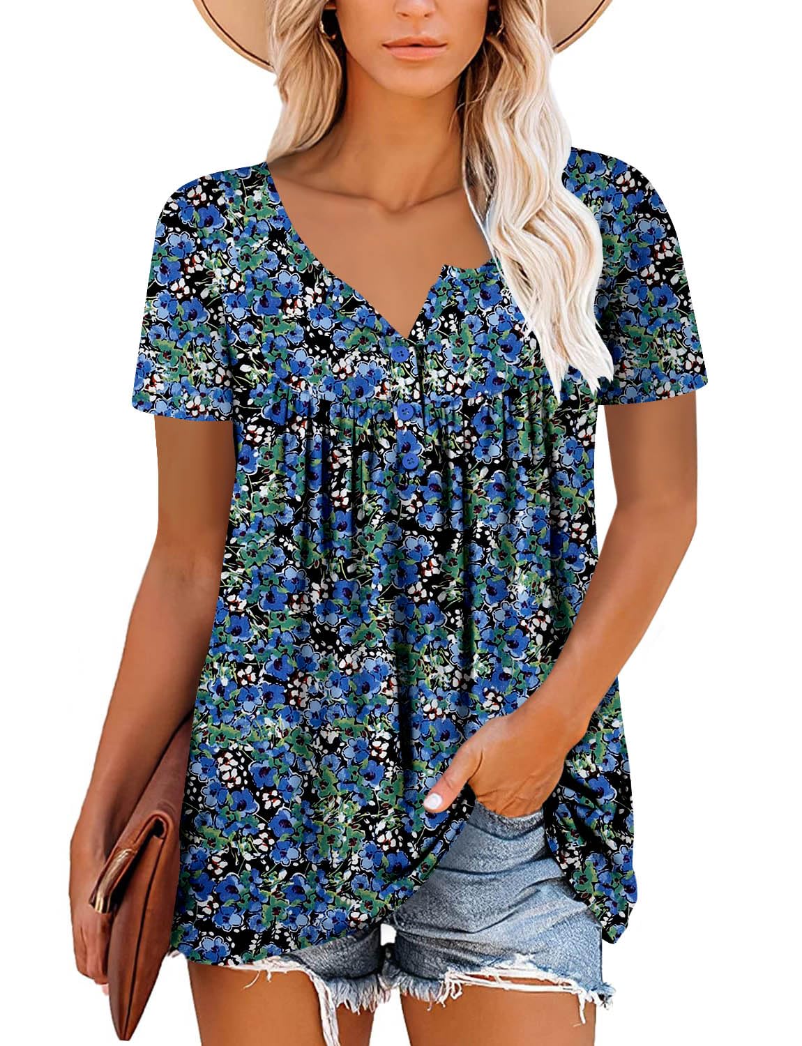 Mystry Zone Womens Henley V Neck Casual Blouse Button Down T Shirts Flare and Flowy Tops