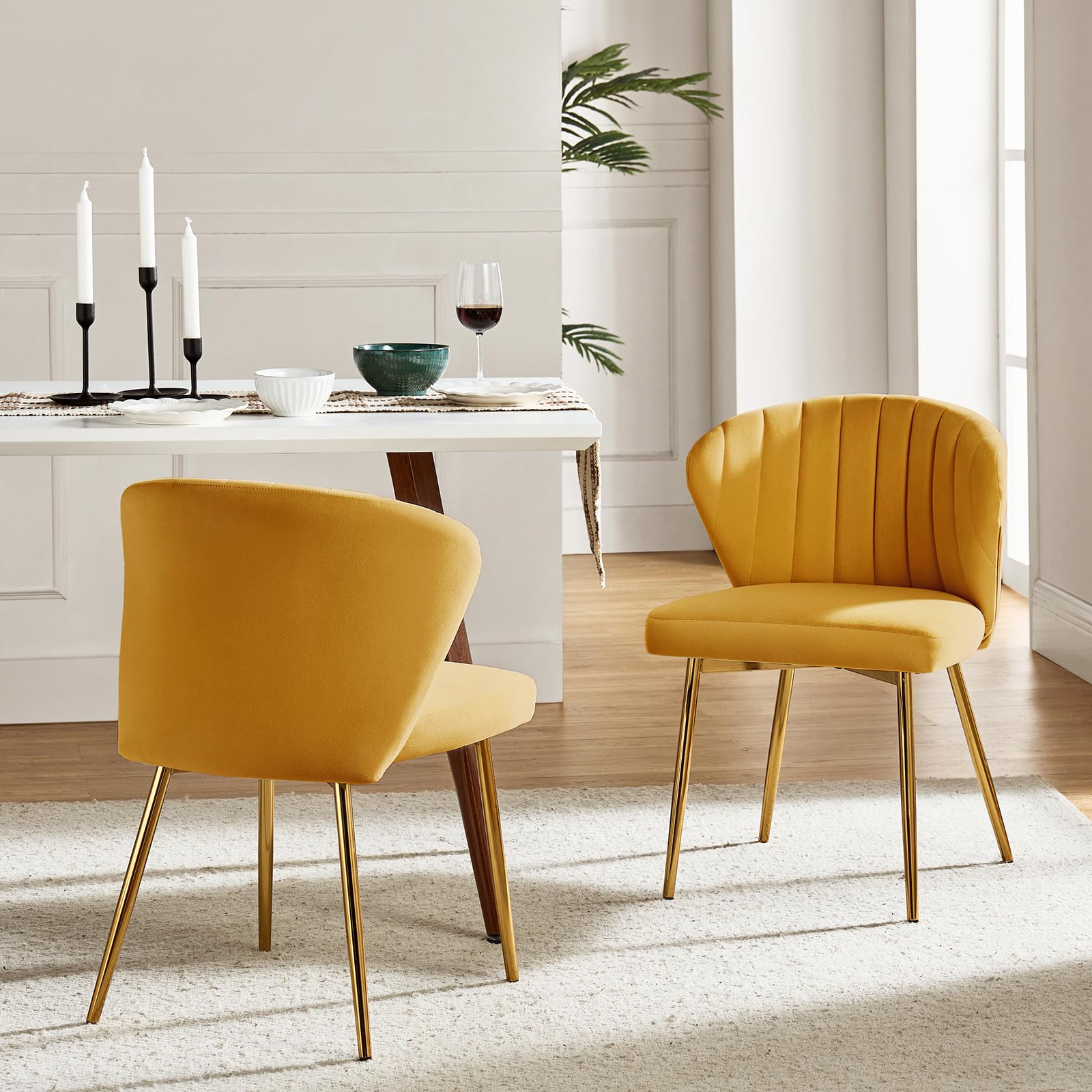 HULALA HOME Velvet Dining Chairs, Modern Small Armless Accent Chair with Gold Metal Legs, Living Room Upholstered Cute Side Chair, Elegant Tufted Back Vanity Chair for Bedroom, Auburn