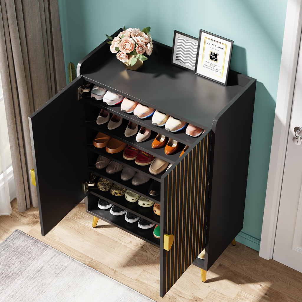 Tribesigns Shoe Cabinet with Doors, 7-Tier Shoe Storage Cabinet with Adjustable Shelves, Wooden Shoes Rack Shoe Storage Organizer for Entryway, Hallway, Closet, Living Room, Black