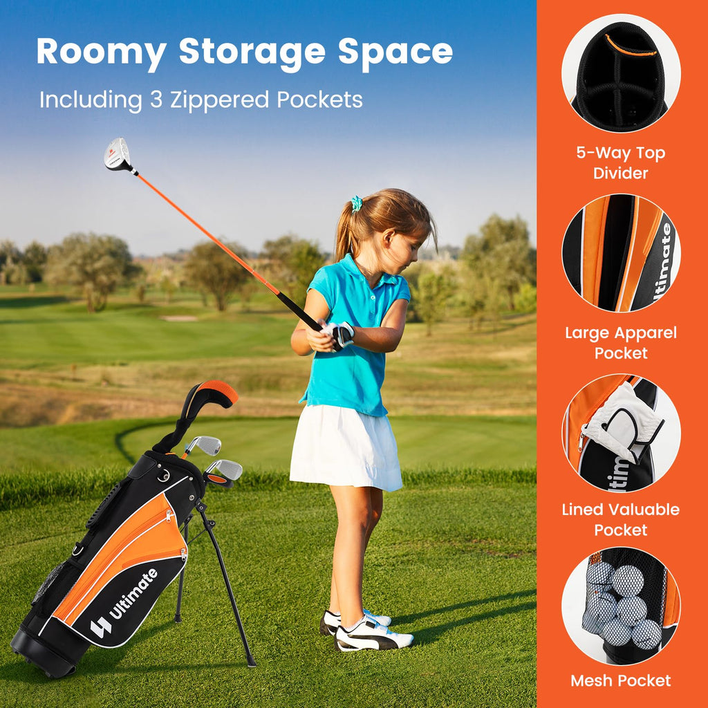 Tangkula Junior Golf Club Set for Children Right Hand, Includes #3 Fairway Wood & #7/#9 Irons, Putter, Head Cover & Rain Hood, Golf Stand Bag, Perfect for Children, Kids