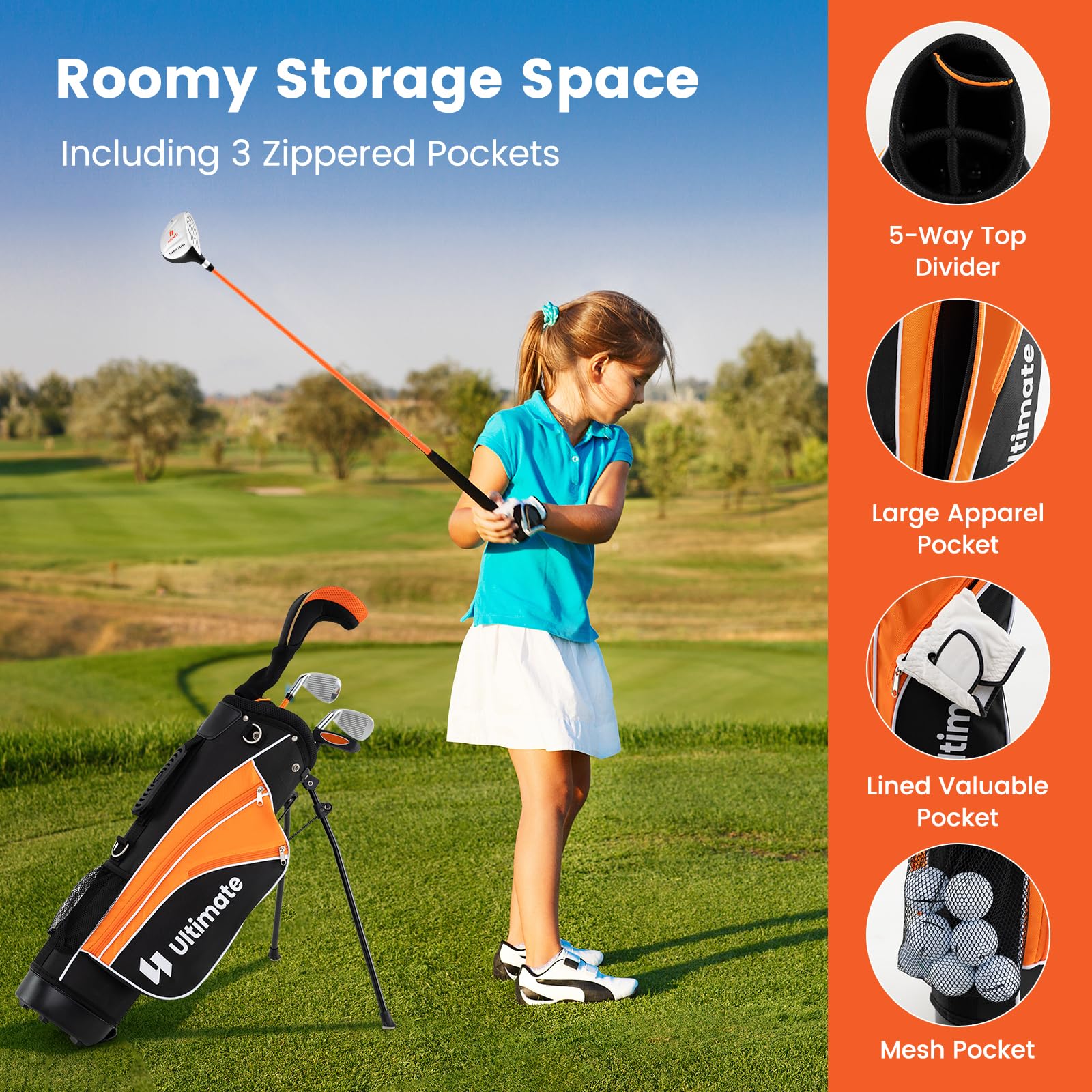 Tangkula Junior Golf Club Set for Children Right Hand, Includes #3 Fairway Wood & #7/#9 Irons, Putter, Head Cover & Rain Hood, Golf Stand Bag, Perfect for Children, Kids