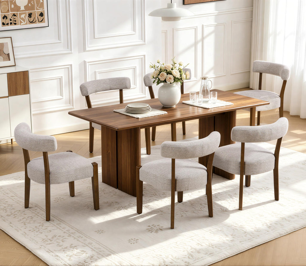 RNKSFX Upholstered Dining Chairs Set of 2, Walnut Wooden Kitchen & Dining Room Chairs, Mid Century Modern Fabric Farmhouse Dining Chairs Oversized Sturdy Rounded Chairs Curved Back, Beige Fabric